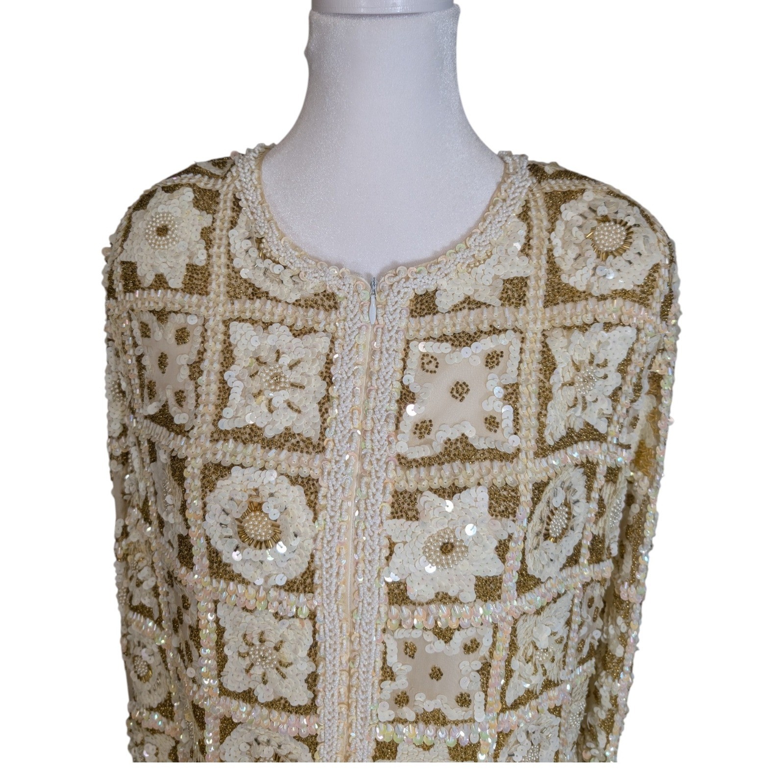 Galleria International Vintage Silk Beaded Sequin Jacket Gold Cream Floral Sz 14