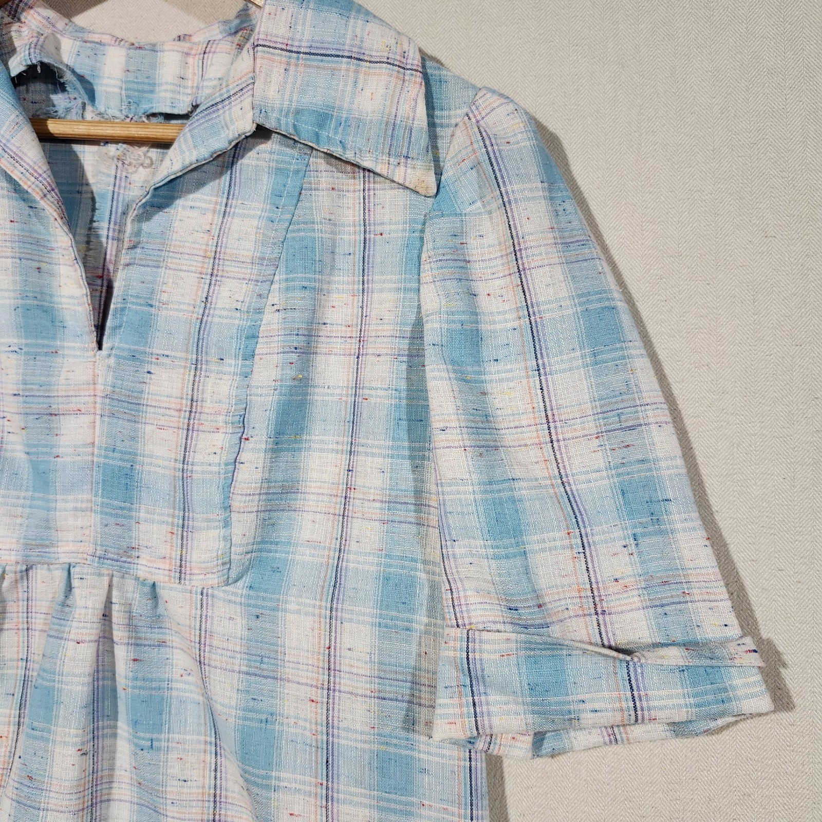 Handmade Vintage Blue Plaid Tunic Top Short Sleeve V-Neck Rainbow 70s Retro Boho