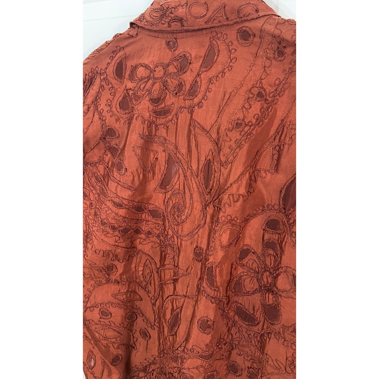 Vtg 90s Chico’s Design 100% Silk Embroidered Jacket Rust Art to Wear OS