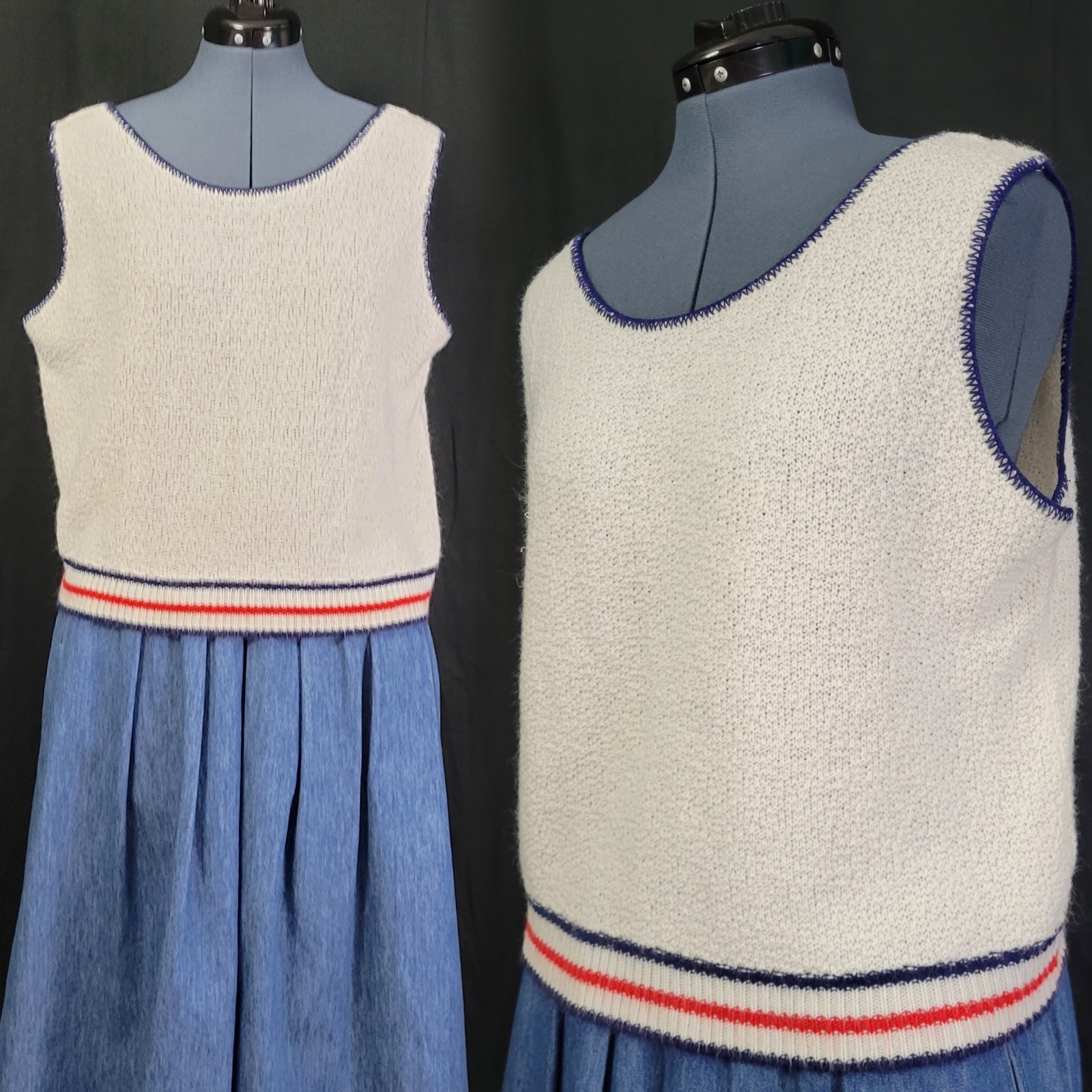 Vintage Creamy White Sleeveless Sweater w Red & Blue Striping/Edging Size L/XL?