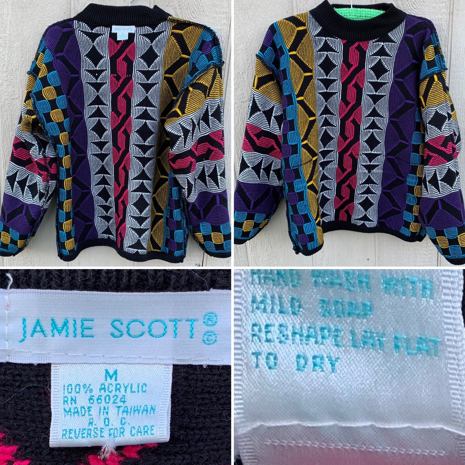 vintage multi-color colorful geometric sweater 1980s 80s Jamie Scott size M