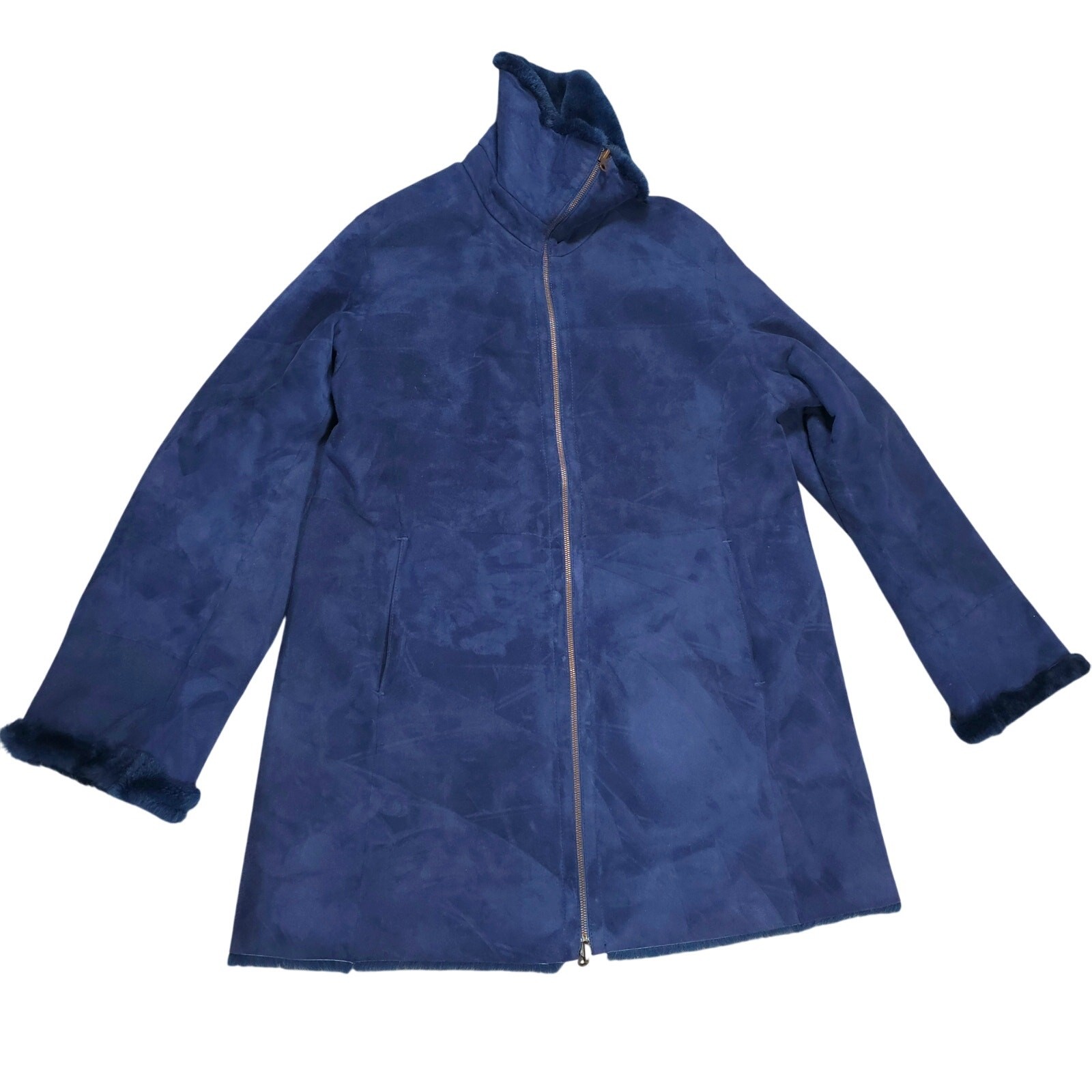 Vintage Hana K Cobalt Blue Suede Feel Faux Fur Lined Women Size M/L Coat Luxury