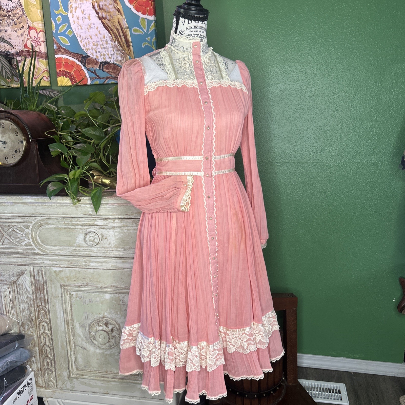 1970s Gunne Sax Pink Prarie Dress Size XS 10 Victorian Revival Country Western