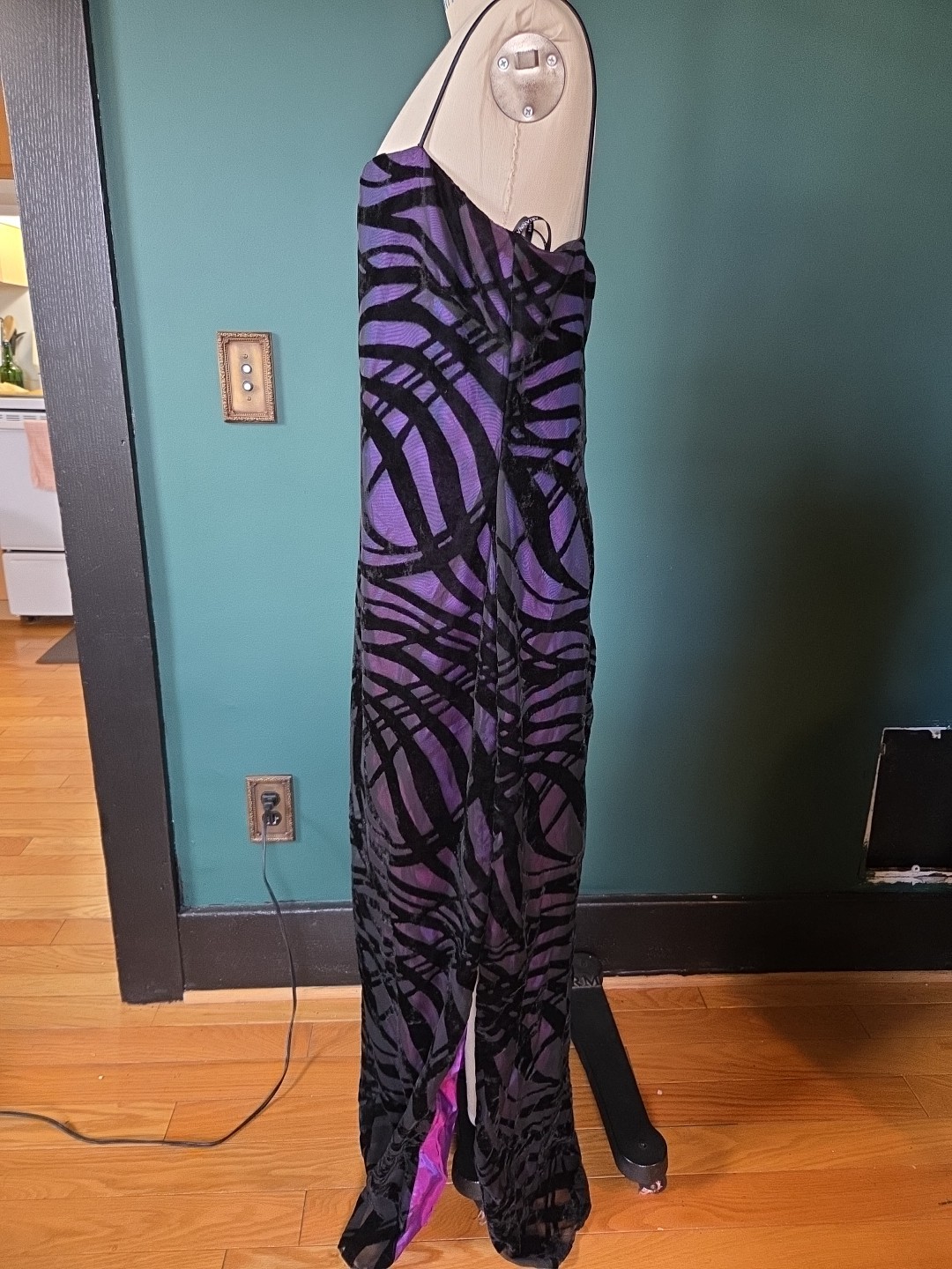 VTG ARIANNA BY RACHEL Kaye 90s Black&Purple Velvet Spaghetti Strap Dress Sz 16