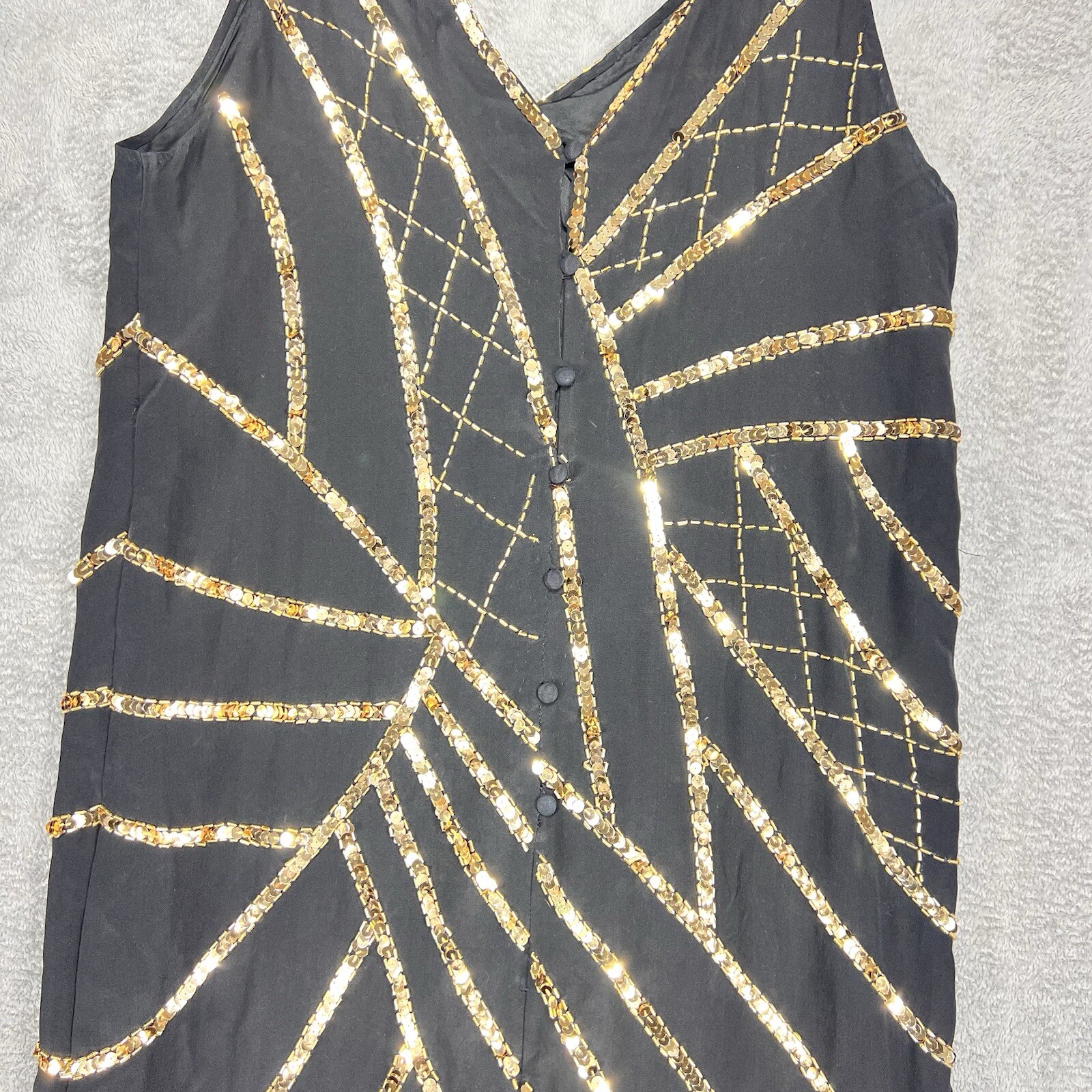 Sho Max 100% Silk Black Gold Sequin Dress Flower Design V Neck Women’s Large