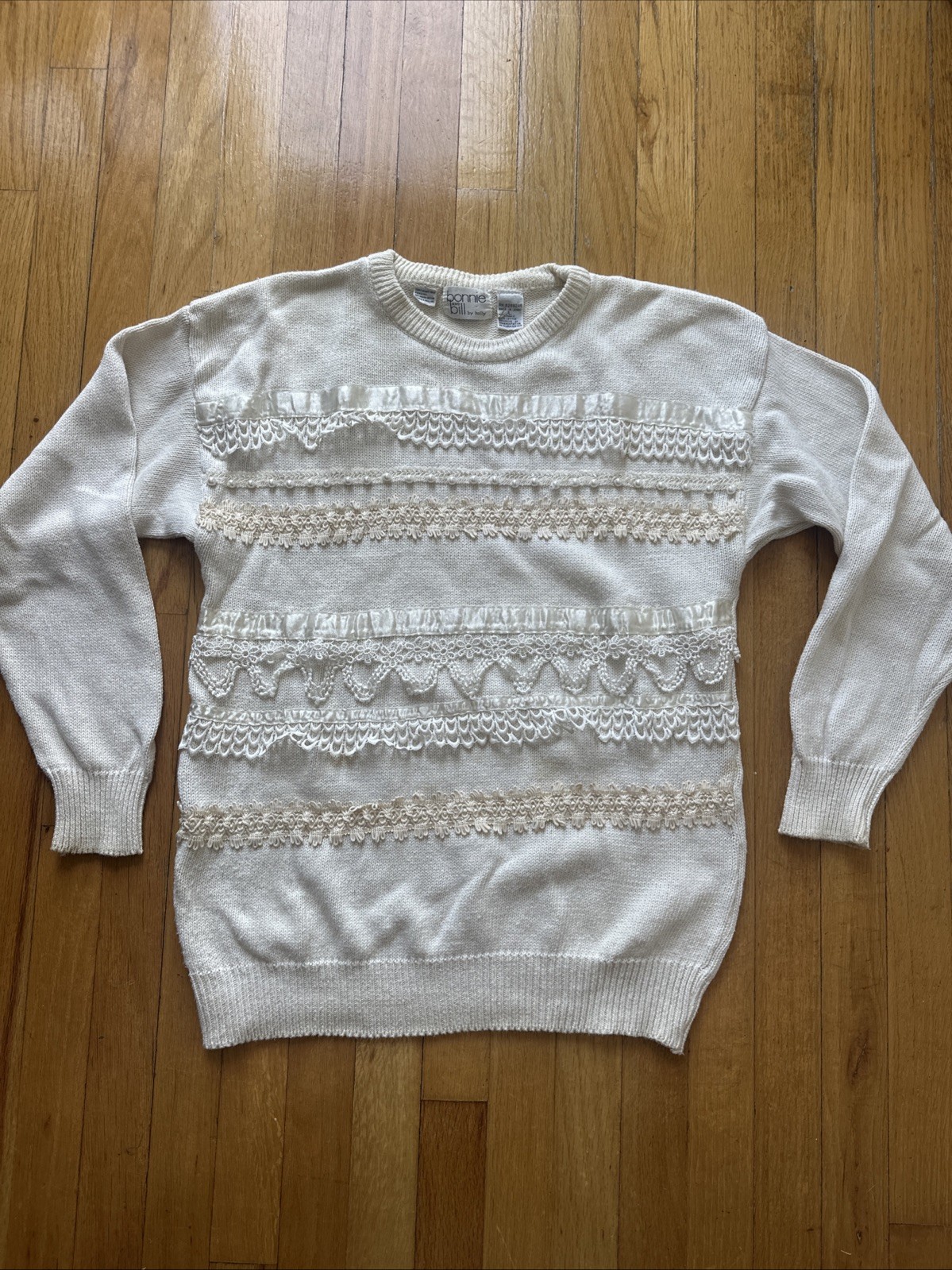 Vintage 90s Bonnie and Bill by Holly Cream Lace Ribbon Trim Sweater Fiarycore