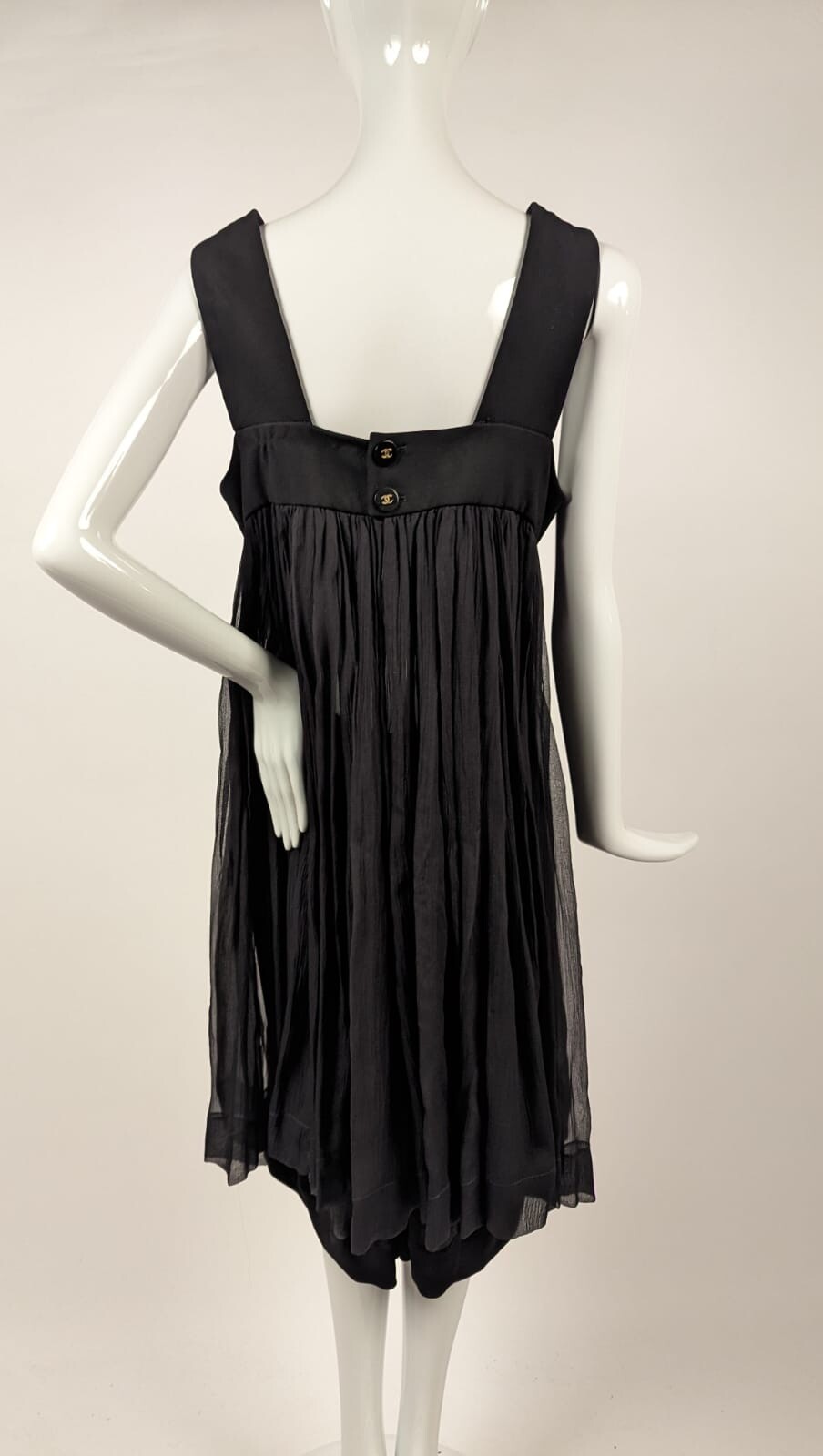 VINTAGE CHANEL SILK JERSEY + SILK CHIFFON SHORT JUMPSUIT W SHEER WATTEAU REAR