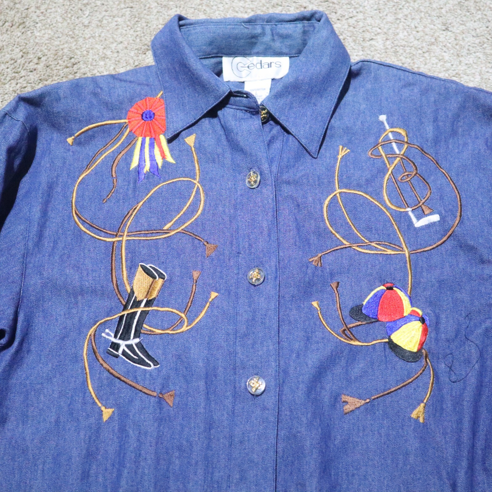 Vintage 90s Cedars Blue Denim Button Up Shirt Adult Women’s L Large BOX 13
