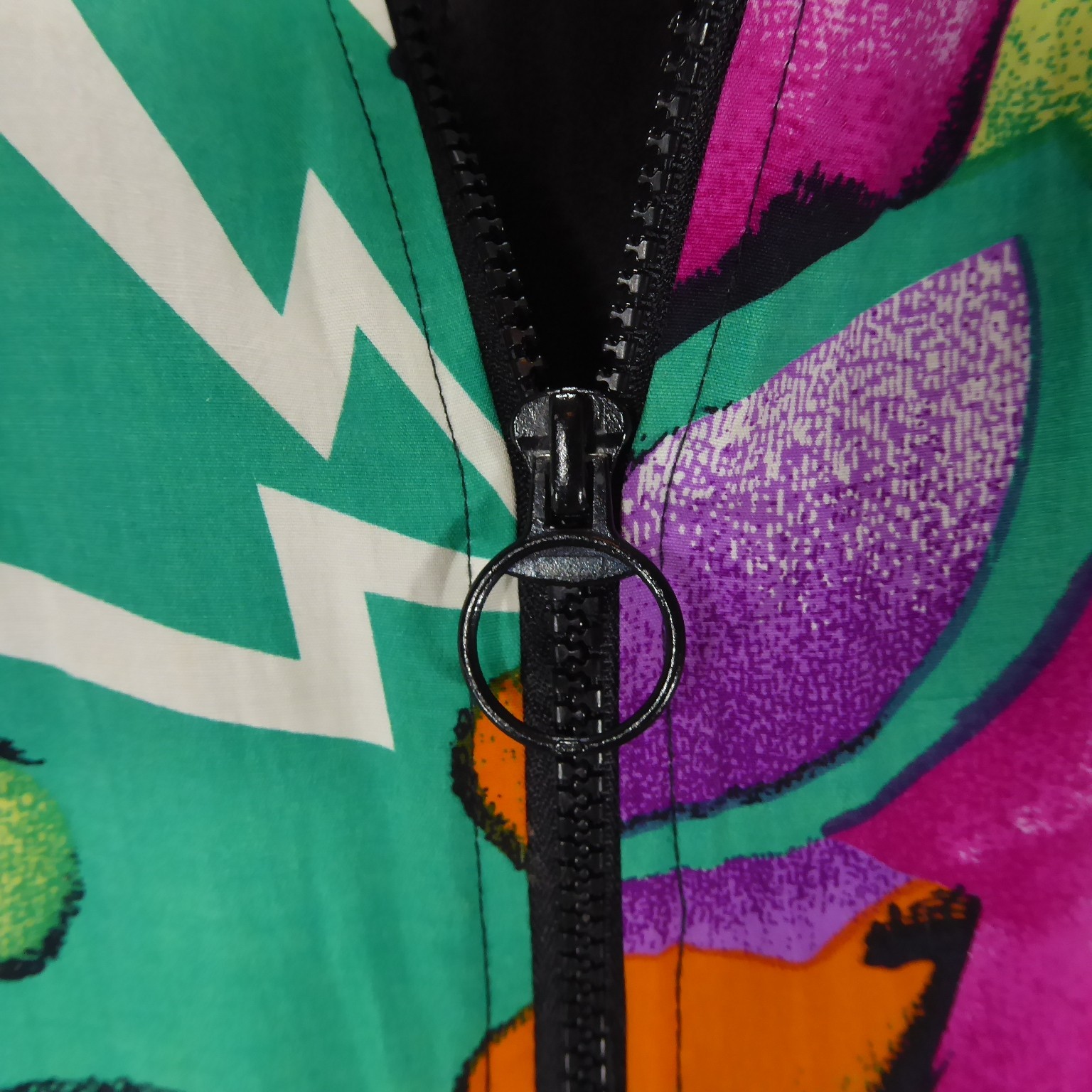 Womens Vintage 80s Caribe Silk Bomber Jacket Pink Green Abstract Geometric M/L