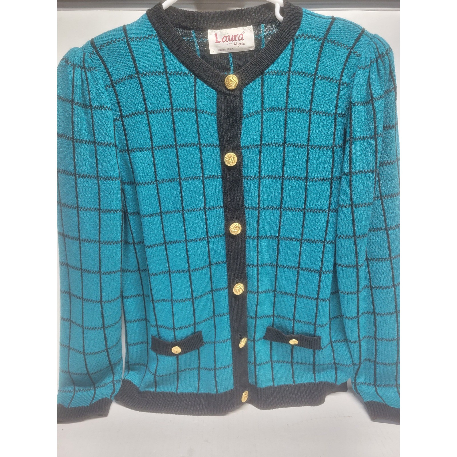 Vintage Laura by Alyzia Teal Black Grid Cardigan Sweater Gold Buttons USA Made