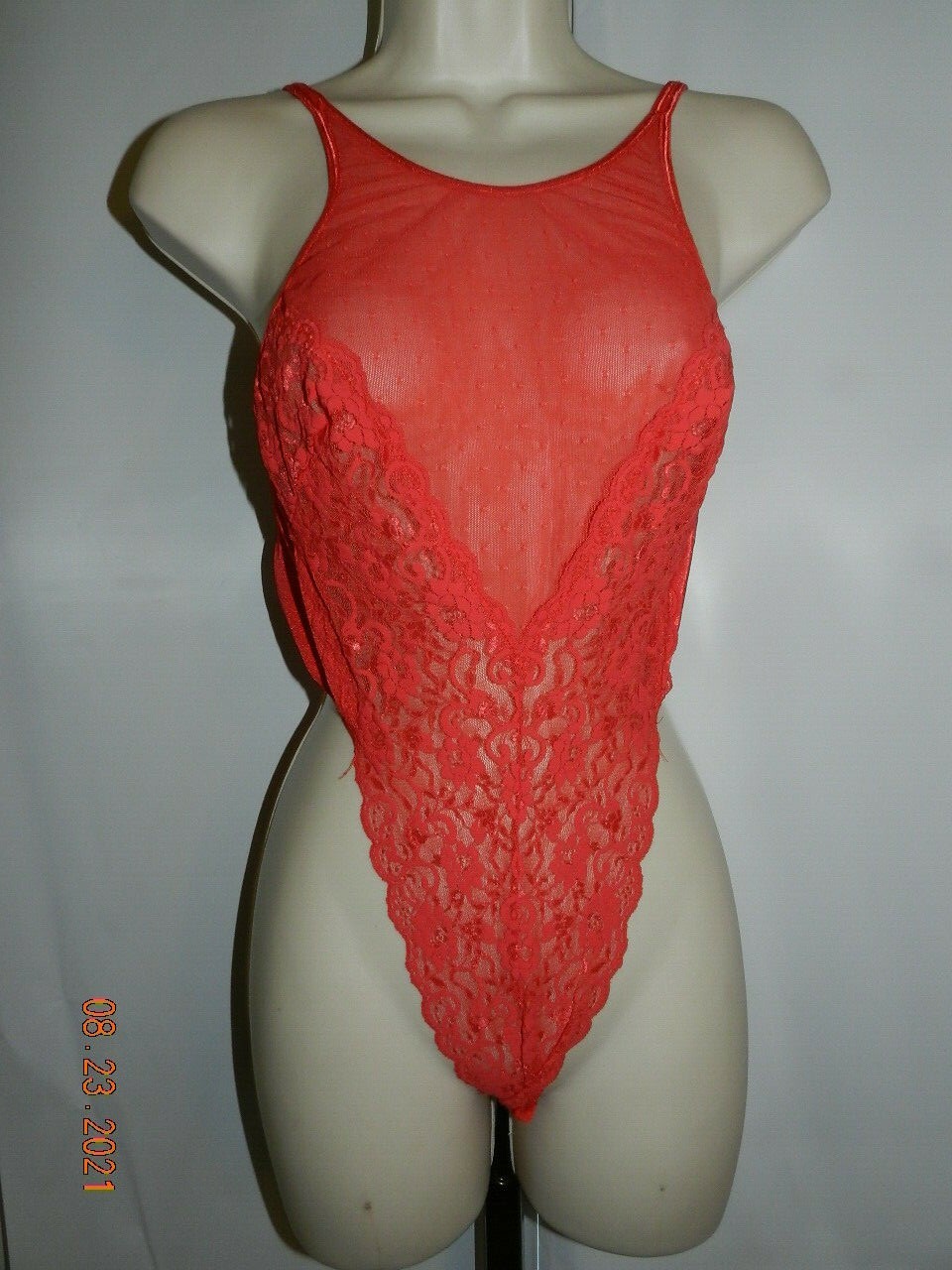 VTG mesh high neck thong bodysuit teddy Vasarette 10-114 lace high cut french L