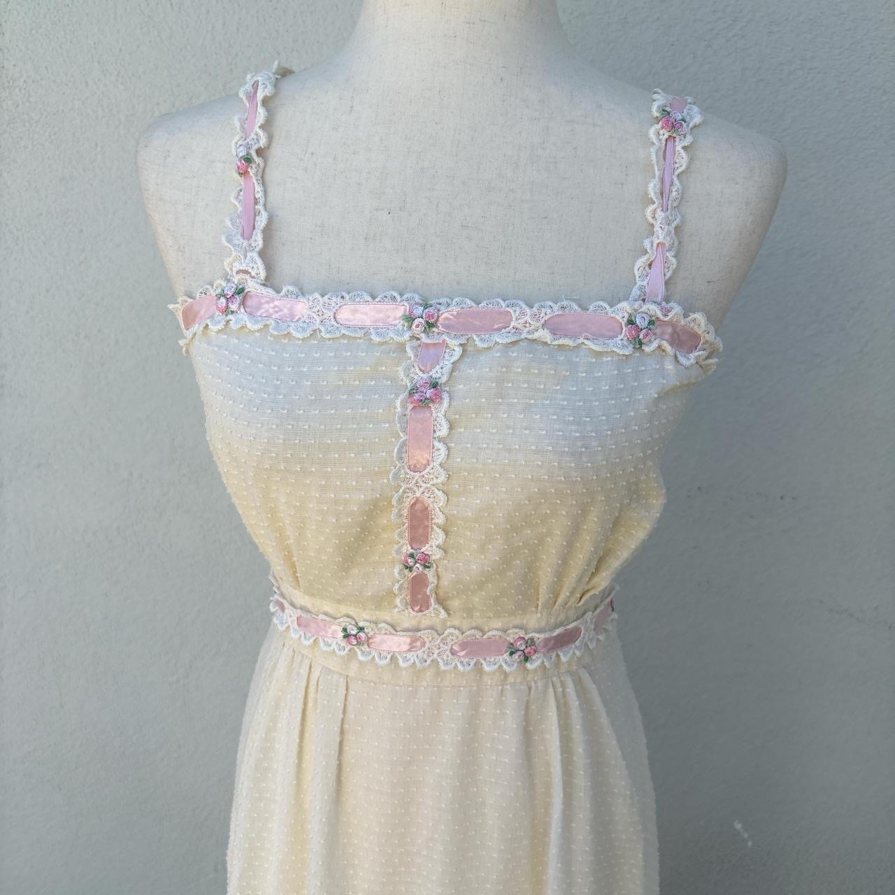 Vintage Handmade Dotted Swiss Dress With Embroidered Pink Rose Lace Trim