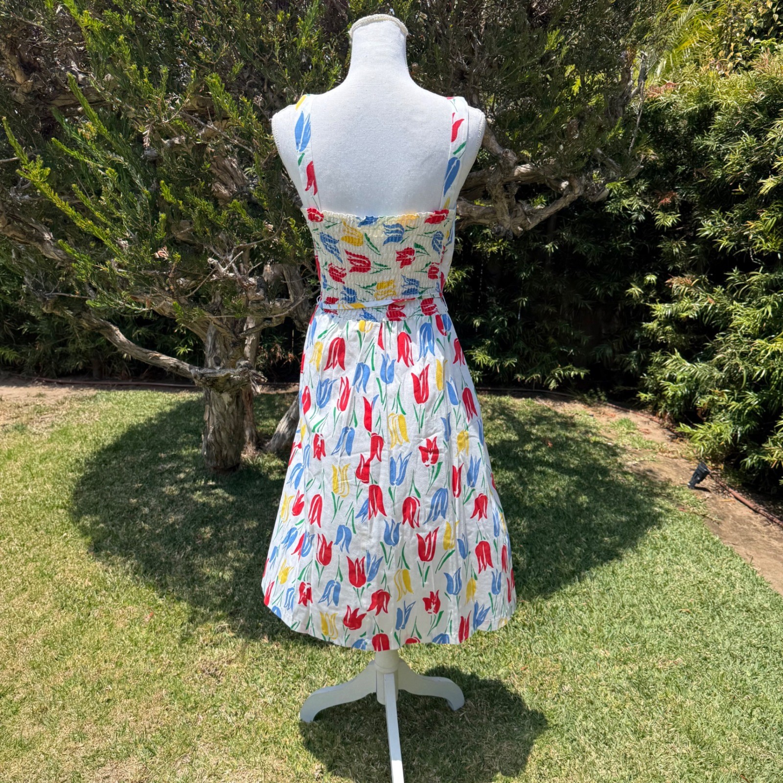 Vintage Dash-About Tulip Floral Sundress White Red Blue Yellow Midi Smocked Back