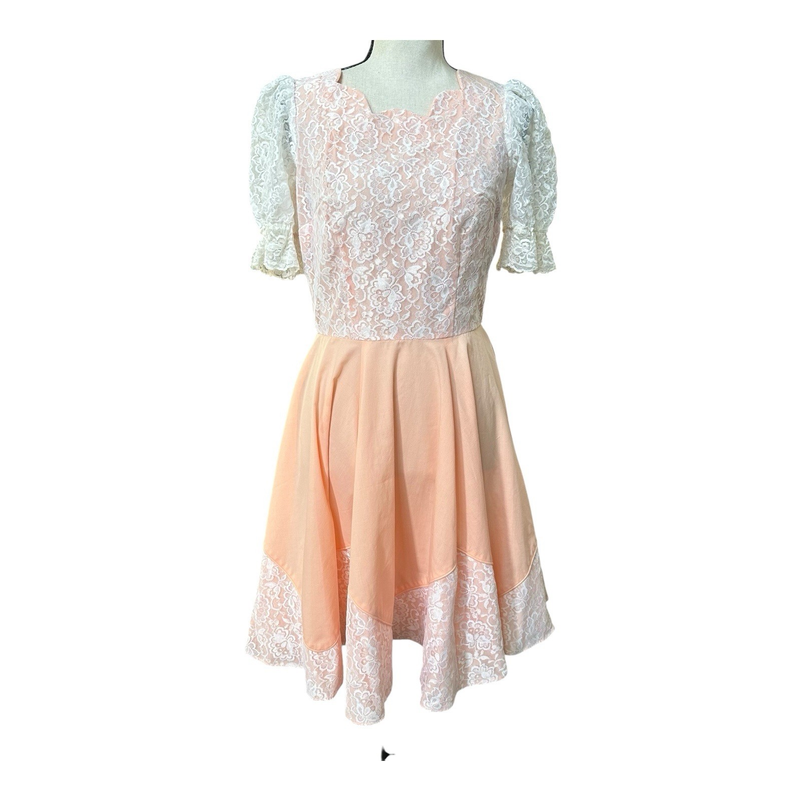 VTG 60s Partners Please! Malco Modes Peach Lace Square Dancing Prairie Dress Sm