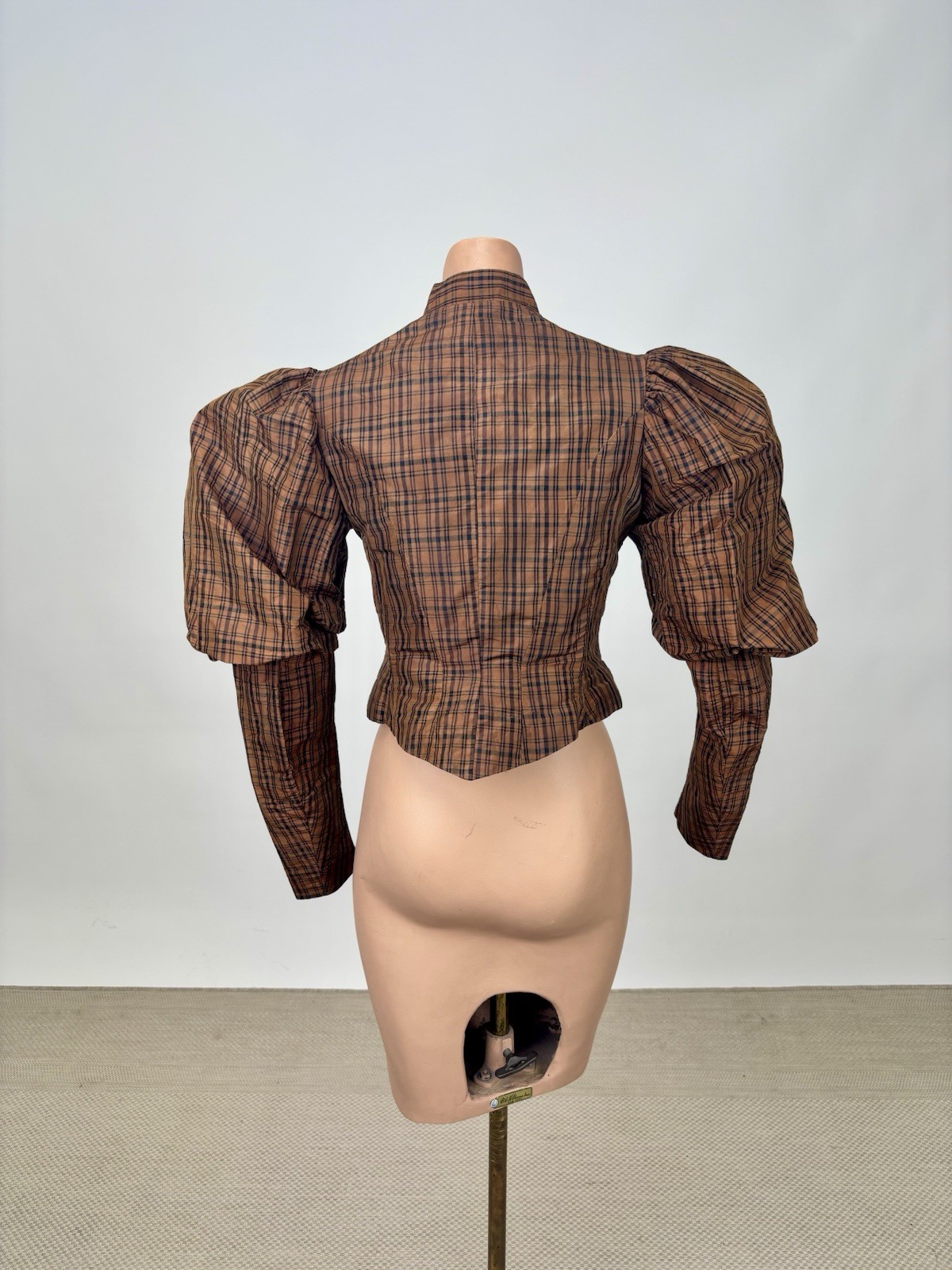 Antique Victorian 1890 Jacket Bodice Leg of Mutton Sleeve Brown Black Plaid Silk
