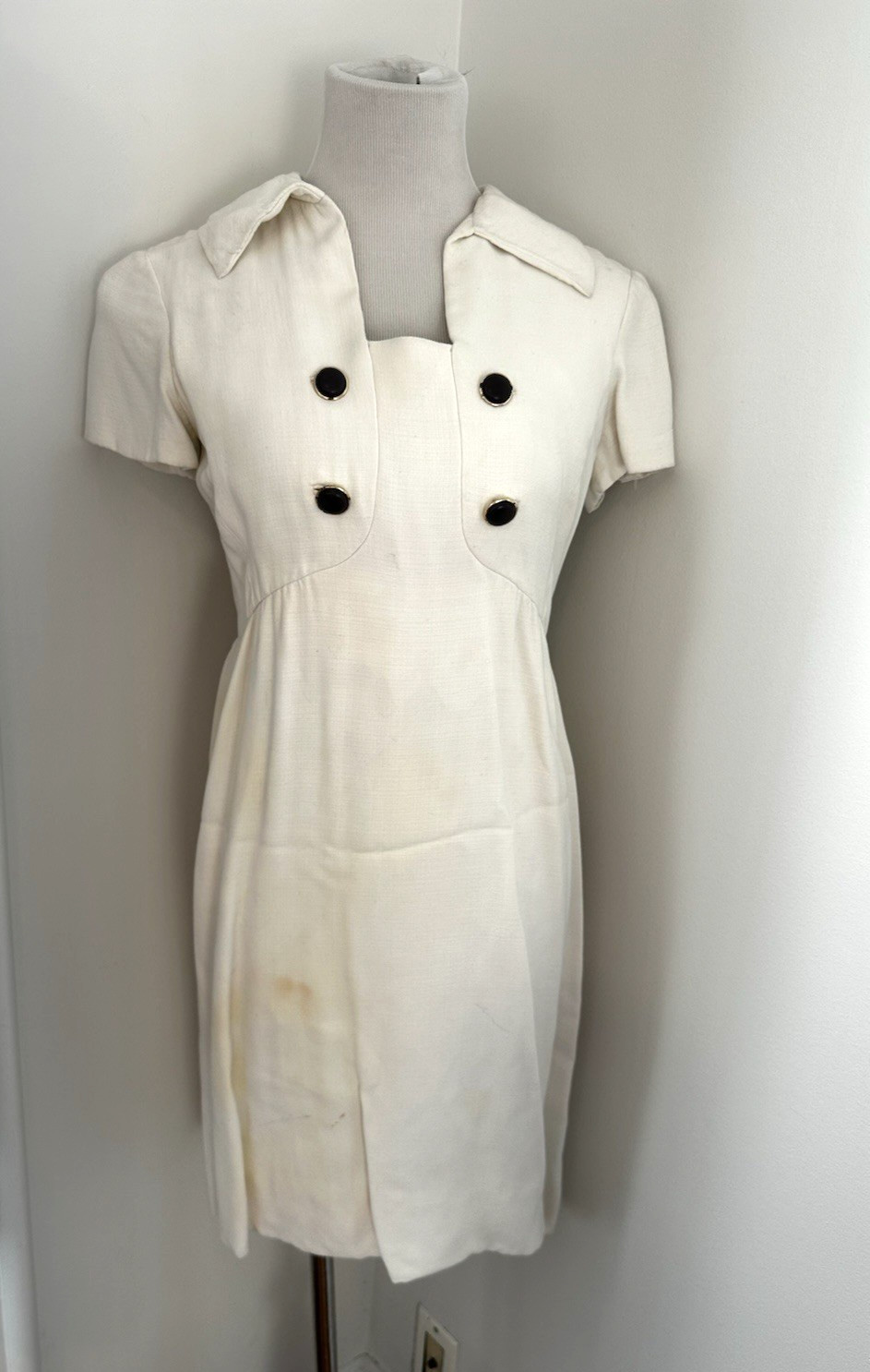 Vintage 1960s Teal Traina New York Cream White Day Dress Brown Buttons Collar S
