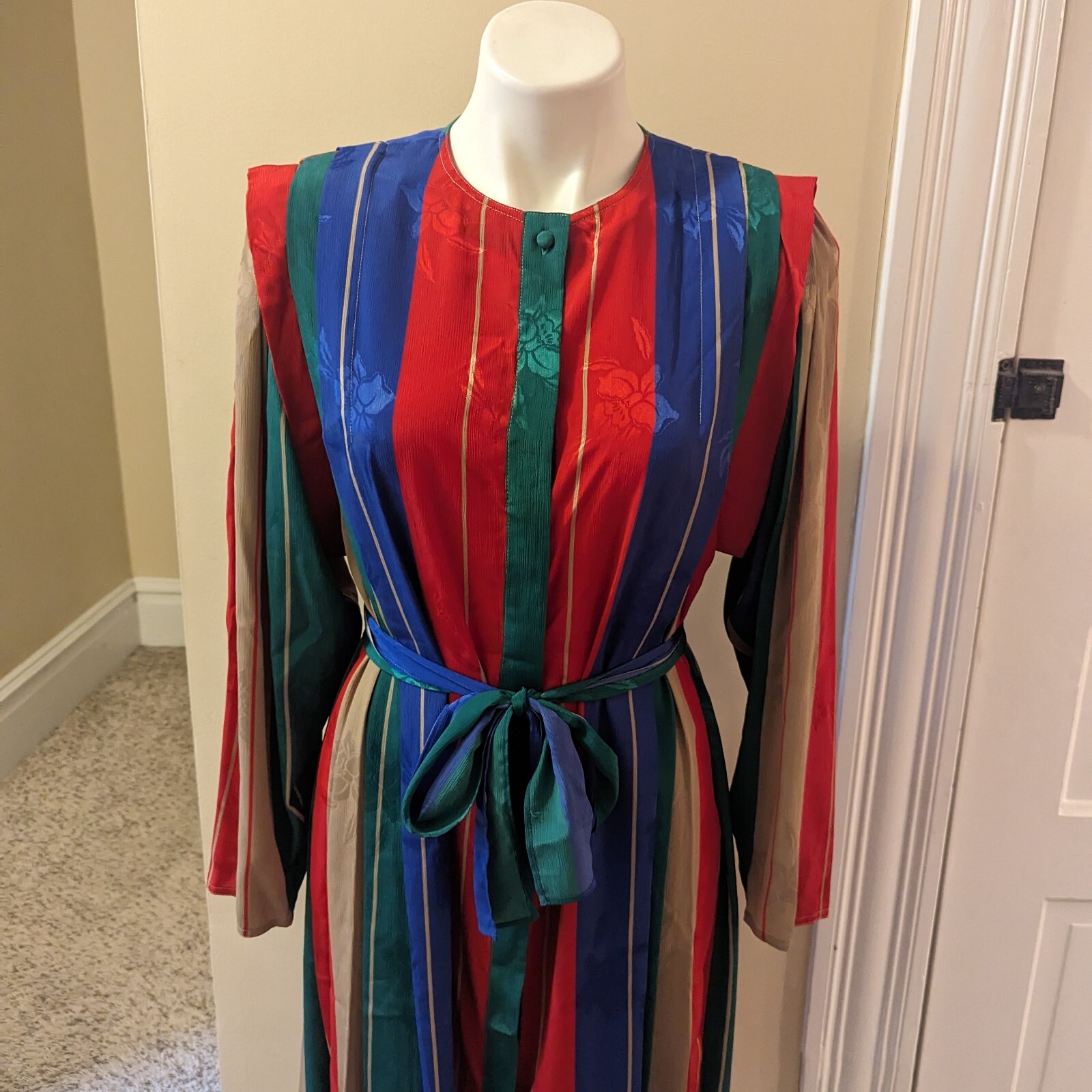 Vintage Cassidy red, blue, green and tan striped dress size 14