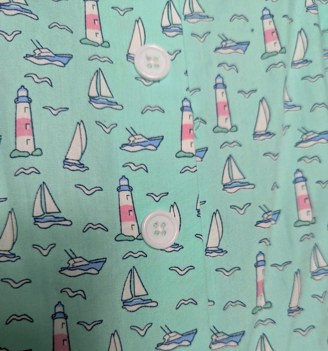 Unique Vintage Maxine Dress Sailboat Lighthouse Print Swing Turquoise Blue Sz M