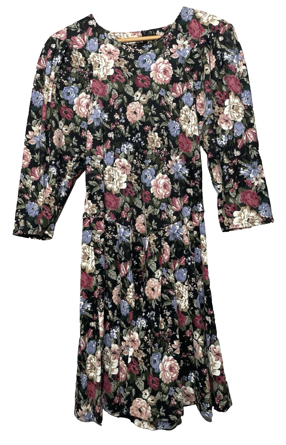 Vintage 80s Paquette Too Floral Midi Dress Womens 10 Black Cottagecore USA