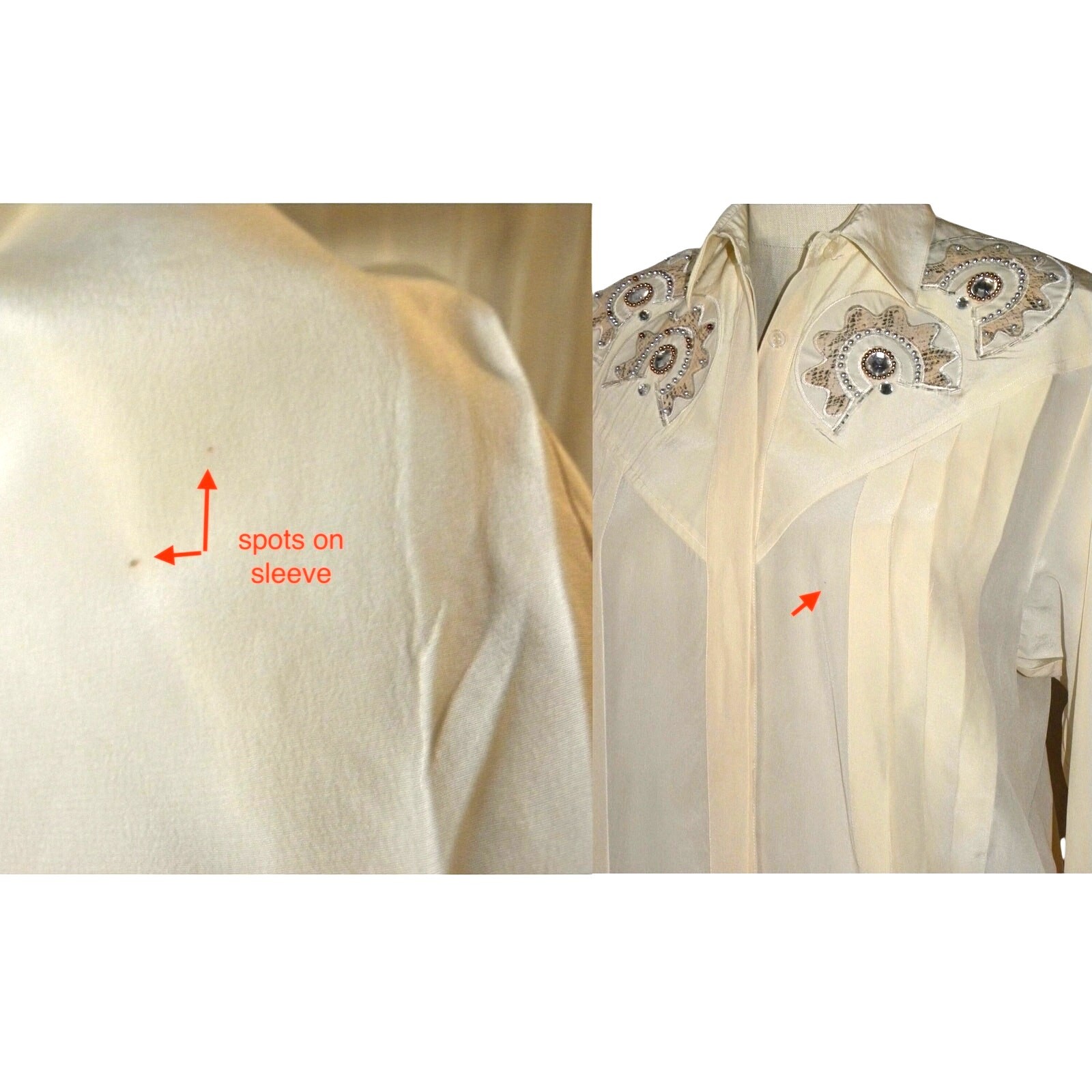 Vintage 80s Ivory Silk Tuxedo Blouse Beaded Rhinestone Appliqué Hidden Placket