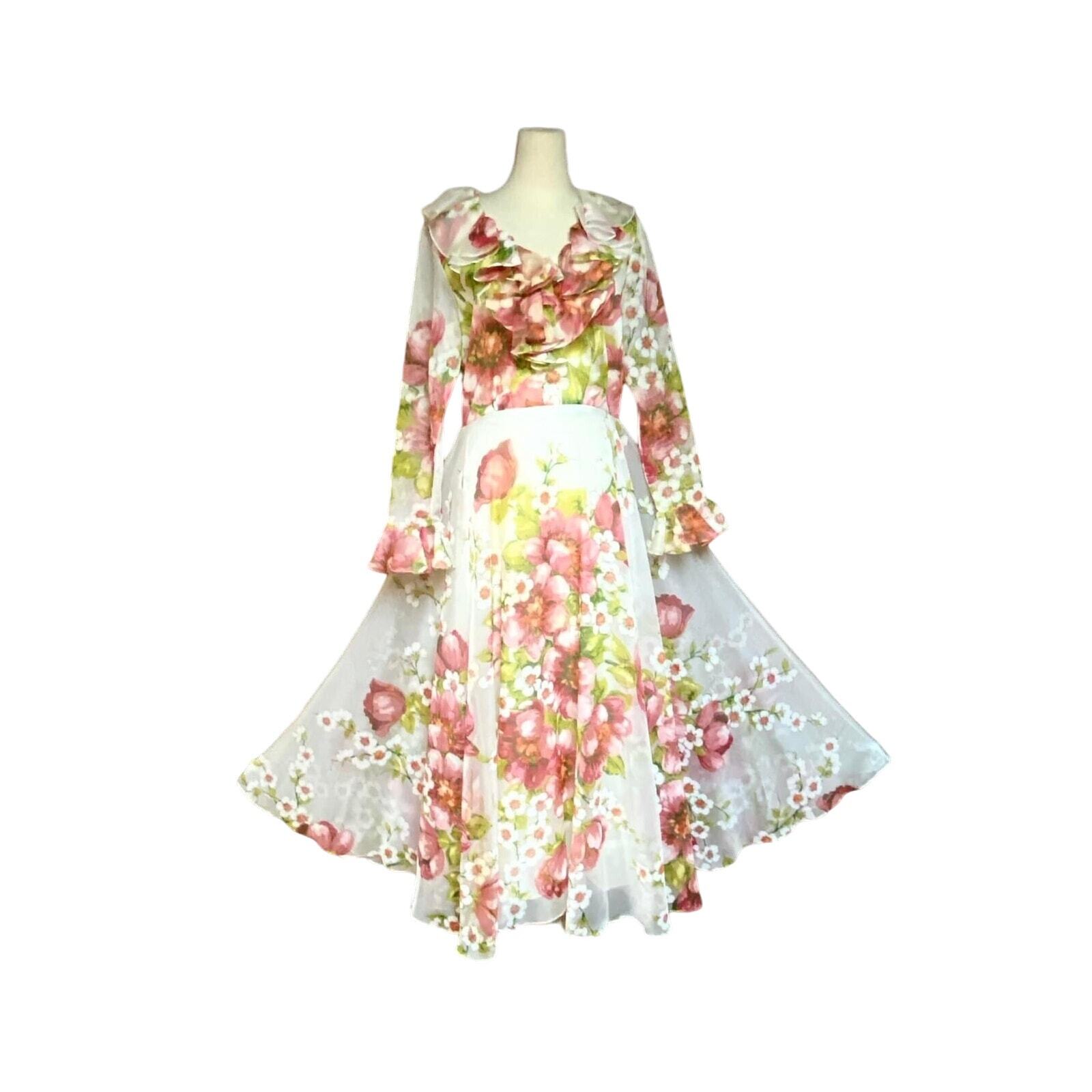 Vintage 70’s Floral Organza Long Gown Ruffle Detail VTG 12