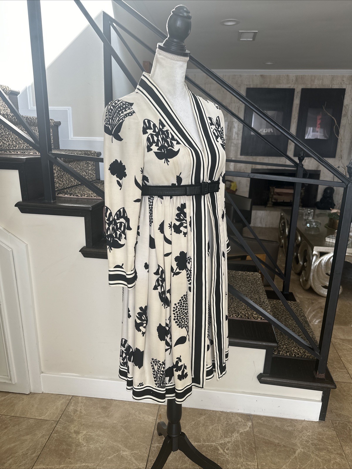 Geoffrey Beene 60s Black & White Silhouette Floral Print Empire Babydoll Dress S