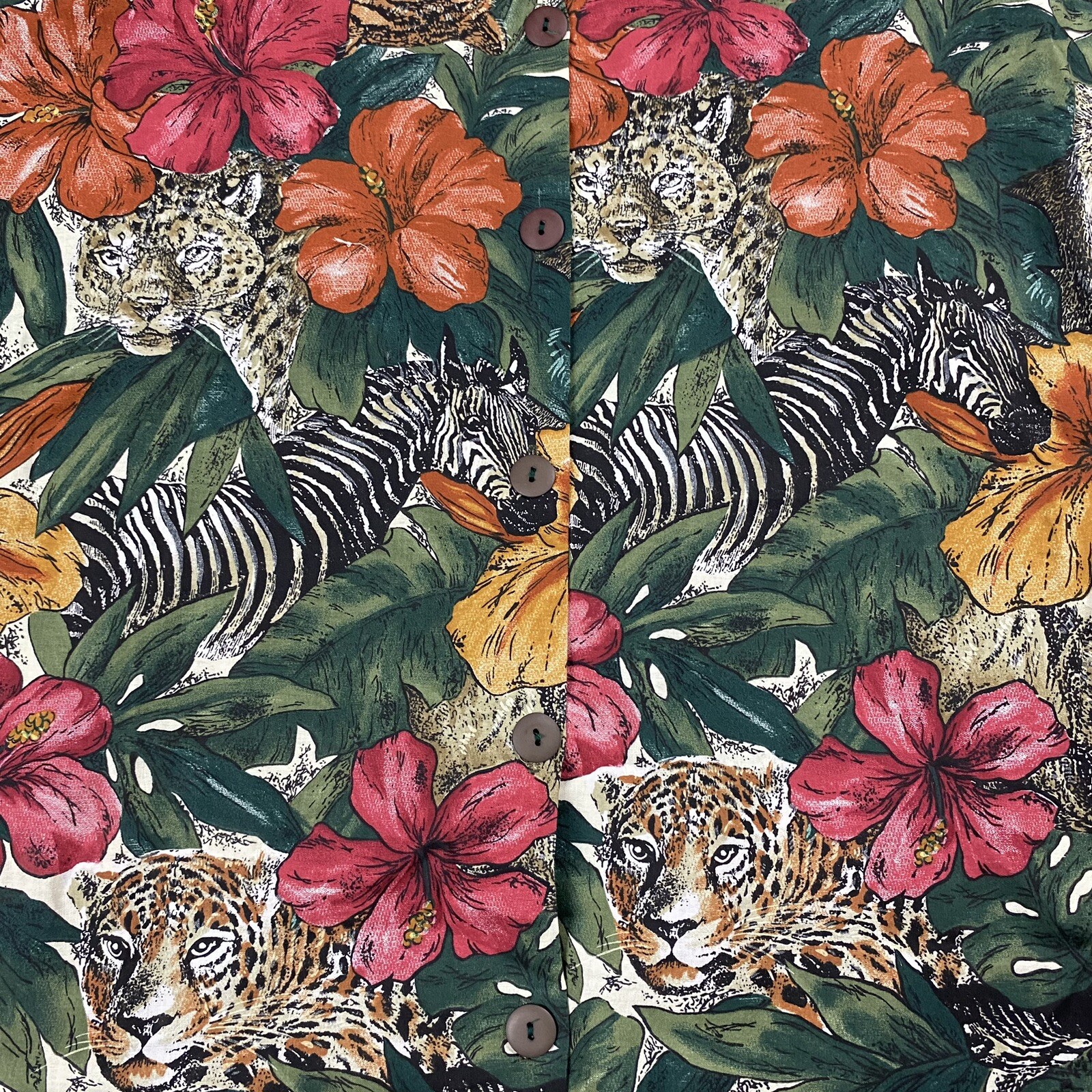 VTG 90S HAWAIIAN PRINT GREEN FLORAL TIGER ANIMAL BLOUSE SHIRT WOMENS MEDIUM
