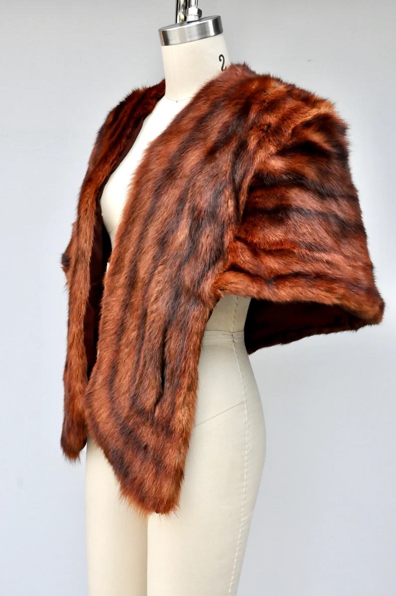 Vintage Mink Fur Stole Cape Capelet Wrap Shawl POCKETS 40s 50s Mid Century