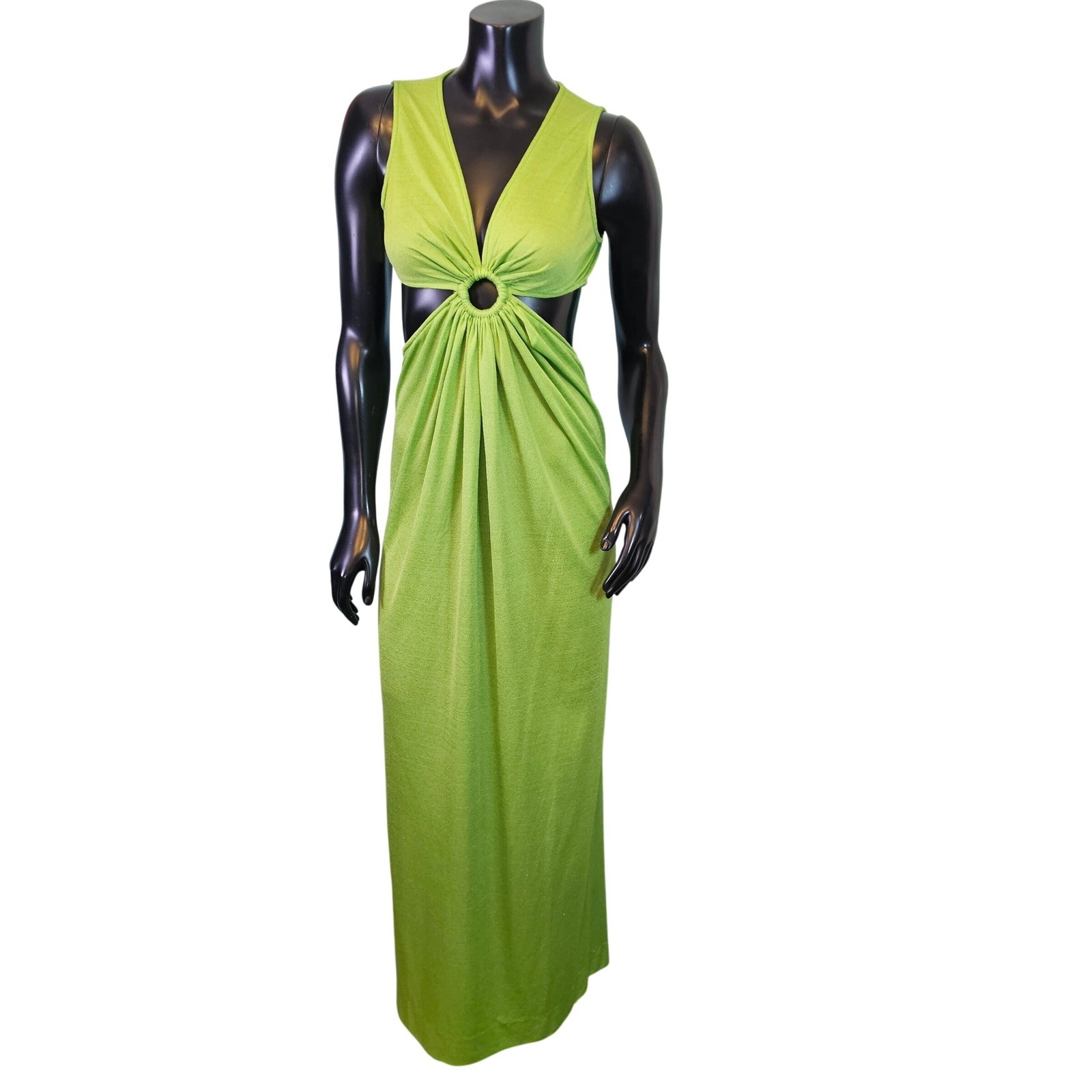 Vintage 70s Lime Green ORing Cutout Maxi Dress Disco Textured Knit Sleeveless