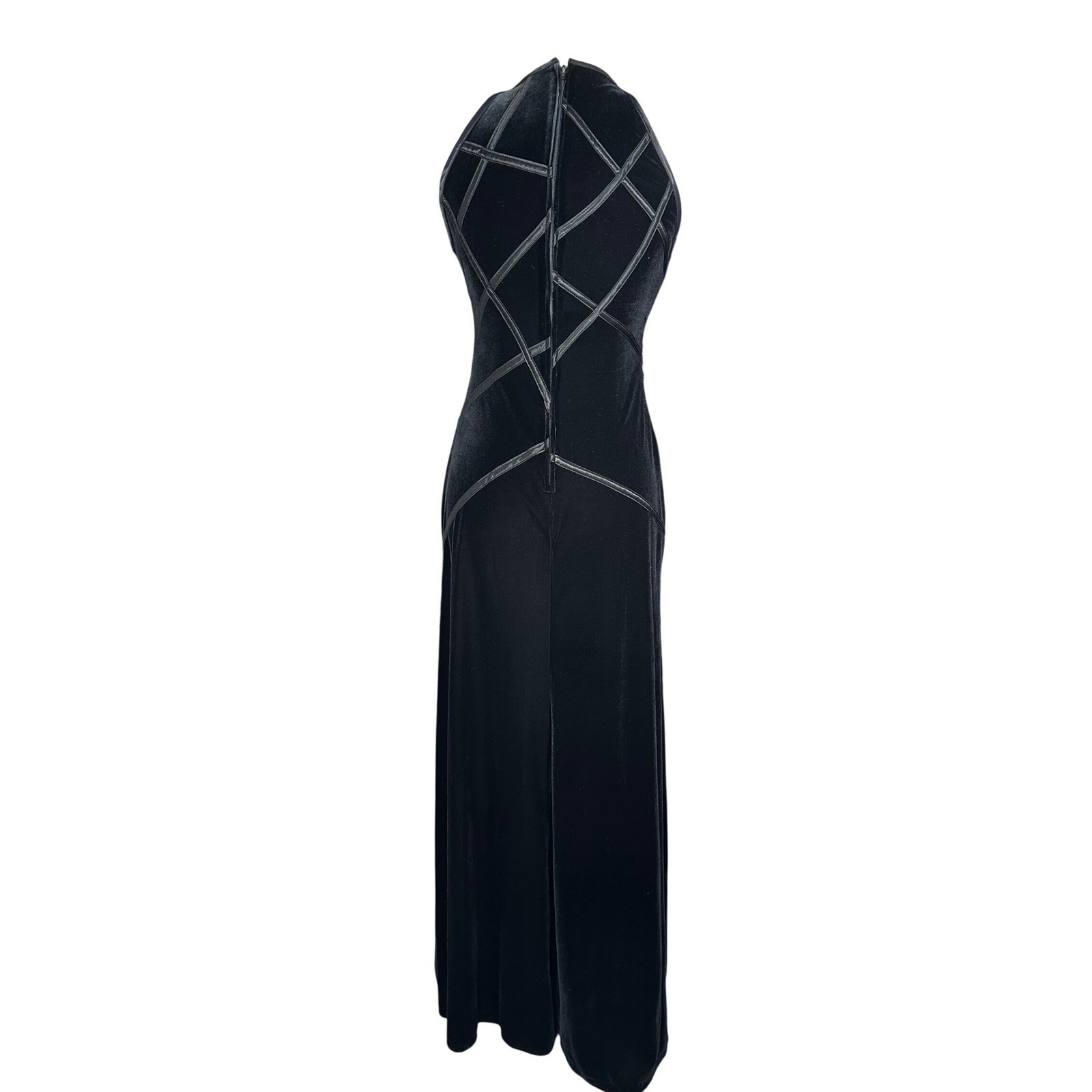 Cache Womens Vintage 90s Velvet Halter Maxi Dress Small Black Lattice Goth Gown