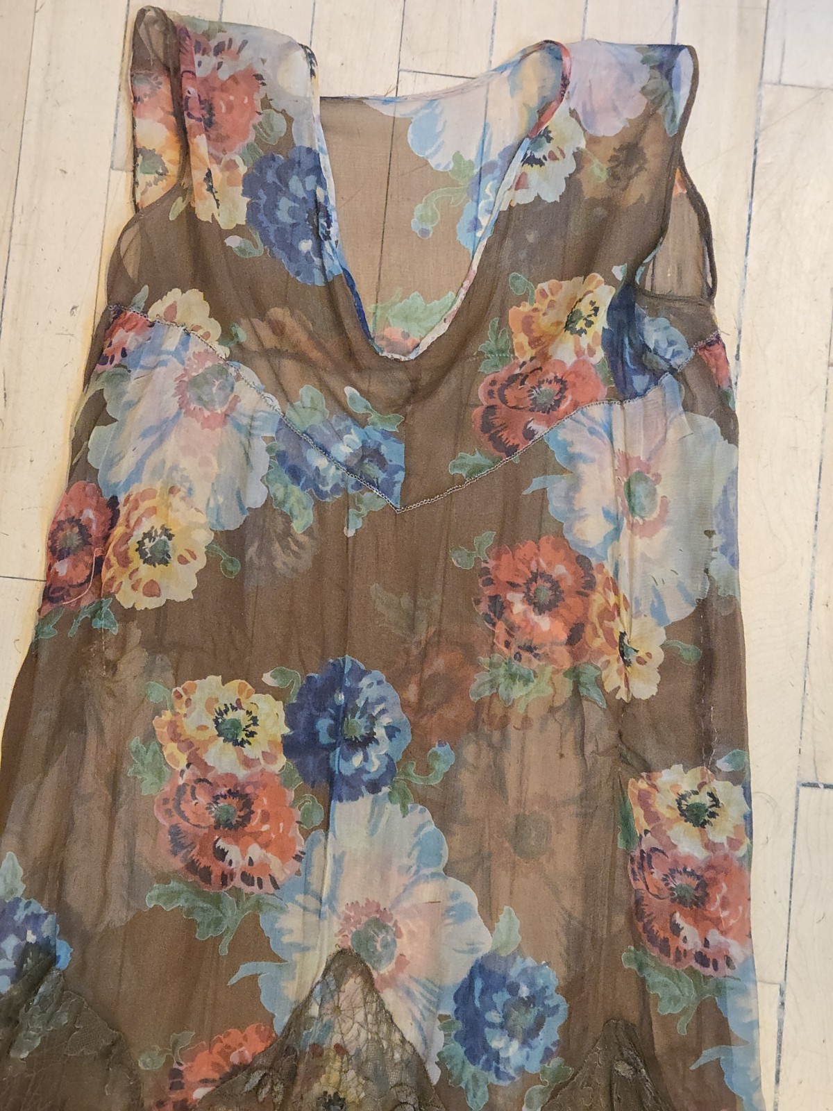 Antique 1920s Brown Silk Chiffon Mid Length Tissue Dress Large Colorful Floral