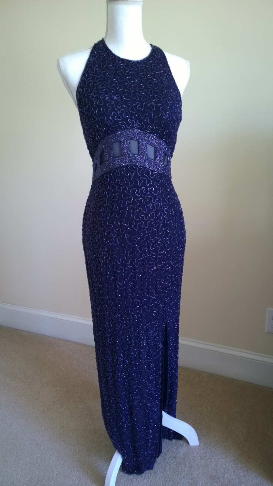Vtg New Andretta Donatello Silk Beaded Formal Evening Gown Sexy Dark Blue Sz M