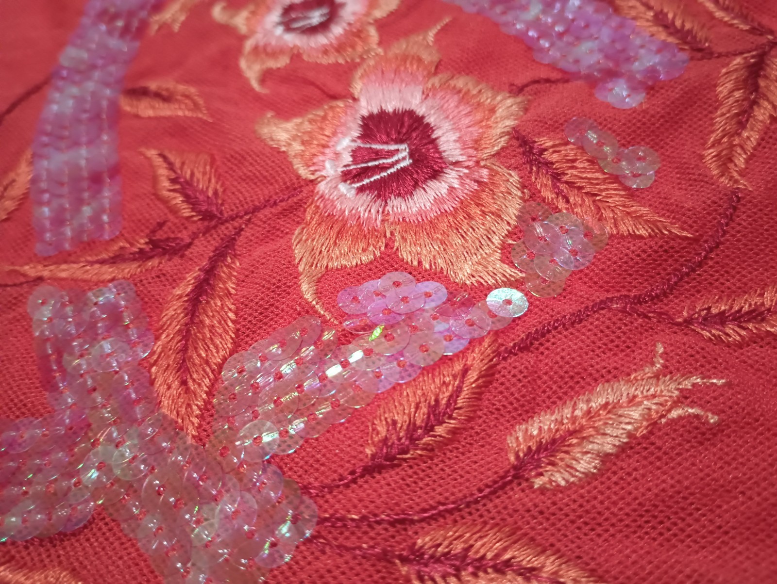 Vtg 90s Orange Sheer Mesh Fishnet Embroidered Sequin Artsy Floral Top Blouse XS