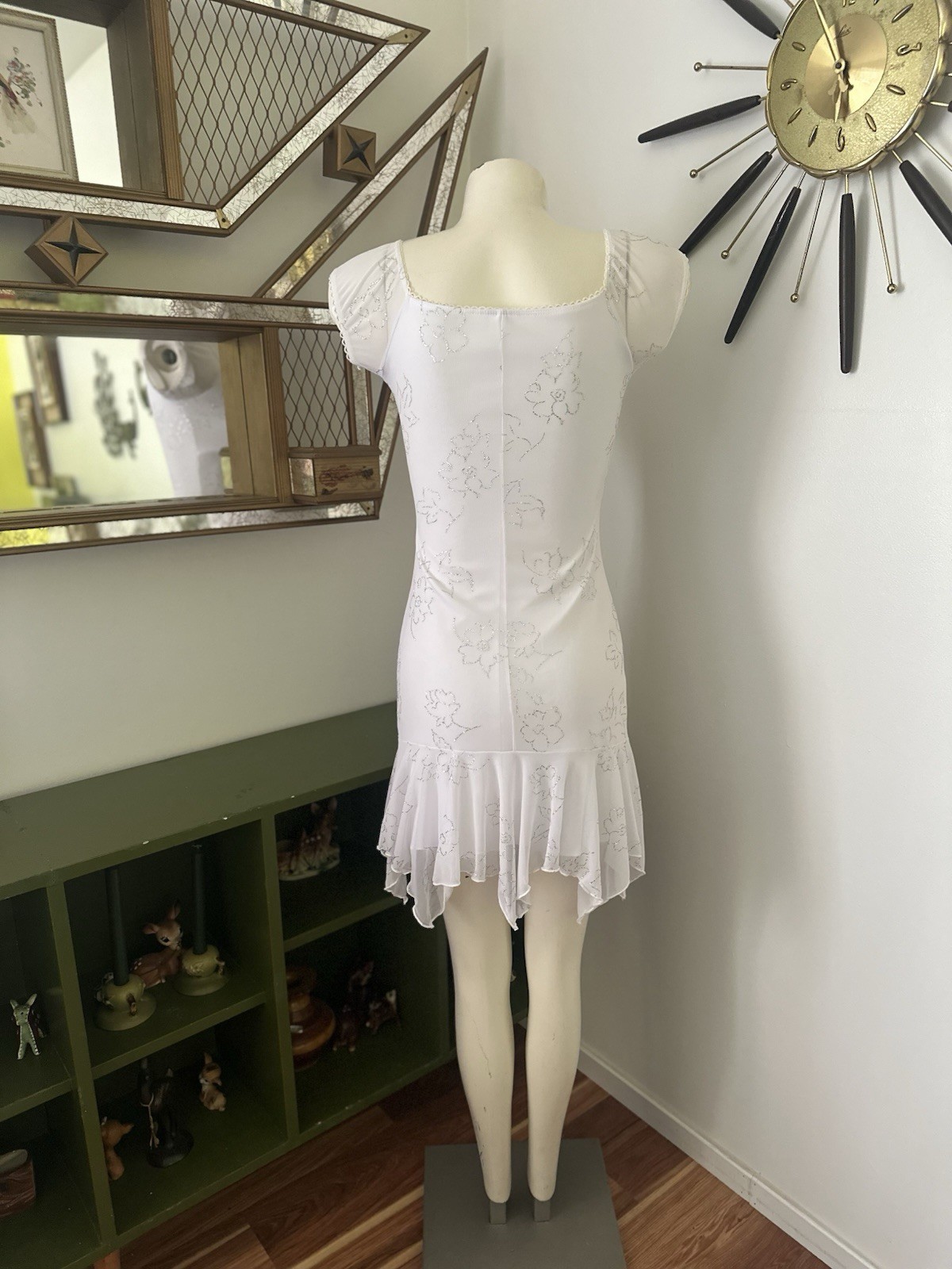 Vintage Y2K White Silver Mini Dress Fairy Hem By Taboo Sz S