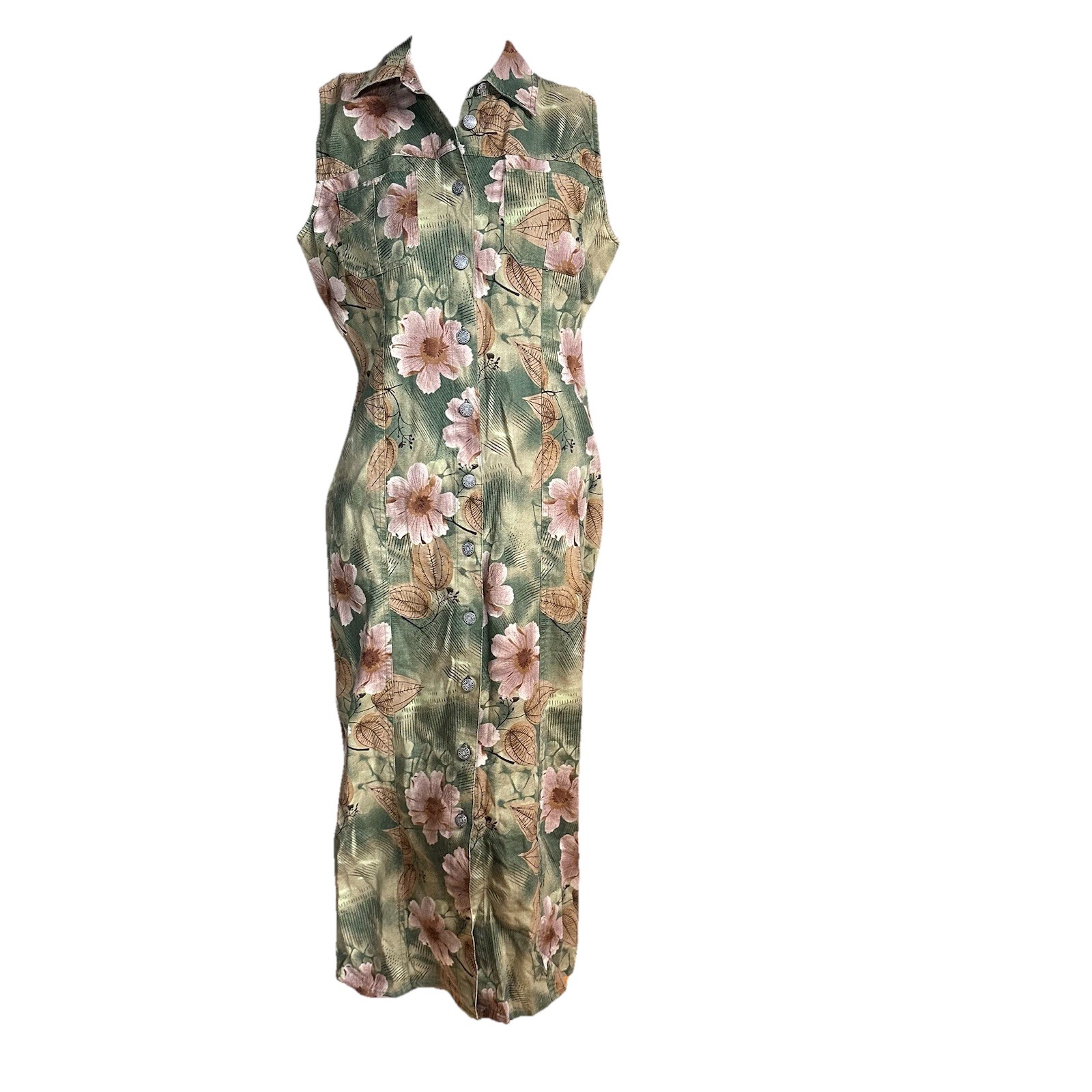 Vintage 90s Bill Blass Dress M/L Flower Midi Maxi Button Front Linen