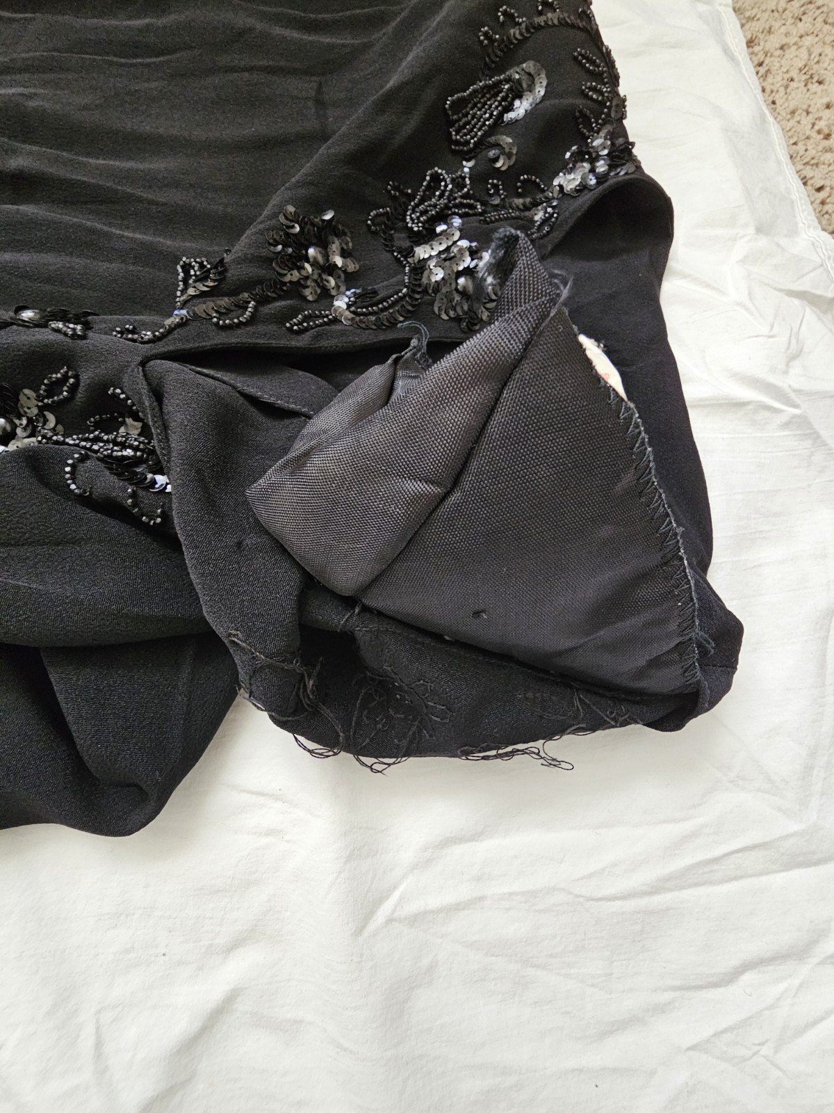Vtg 40s DuBarry Black Rayon Crepe Beaded Evening Maxi Dress W28-29″
