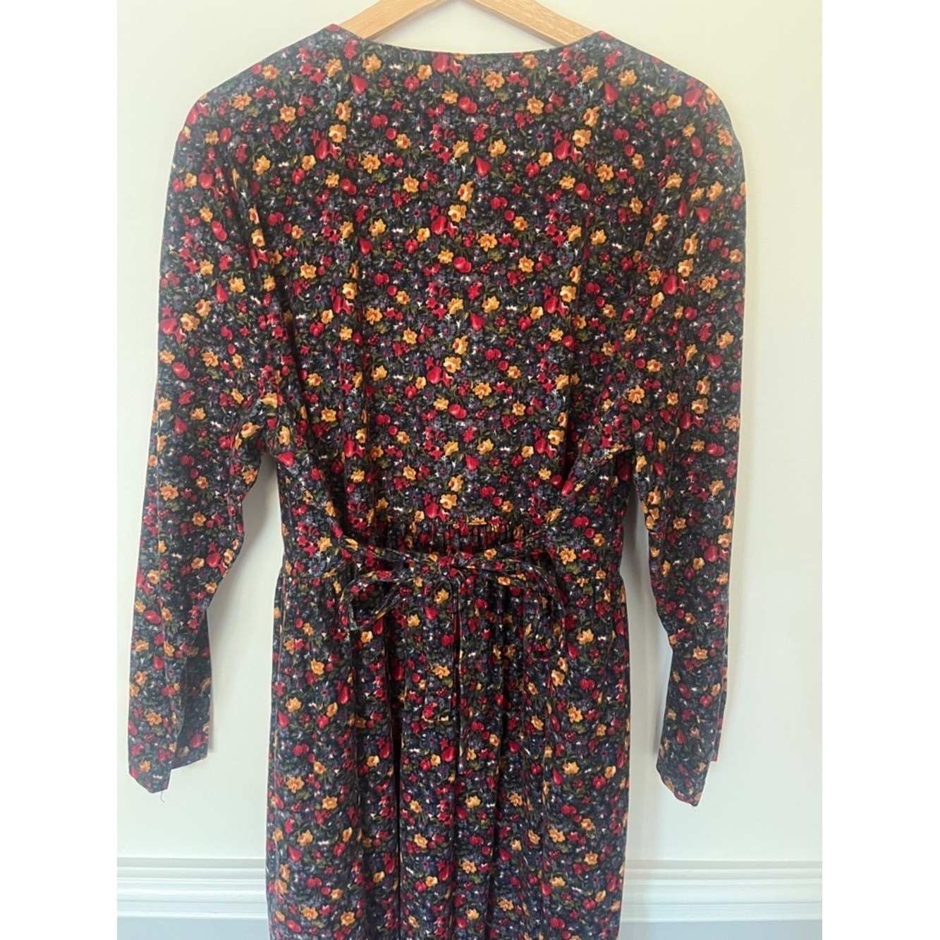 Vtg Country Trad Wife Floral Maxi Dress Large Long Sleeve Corduroy Cotton