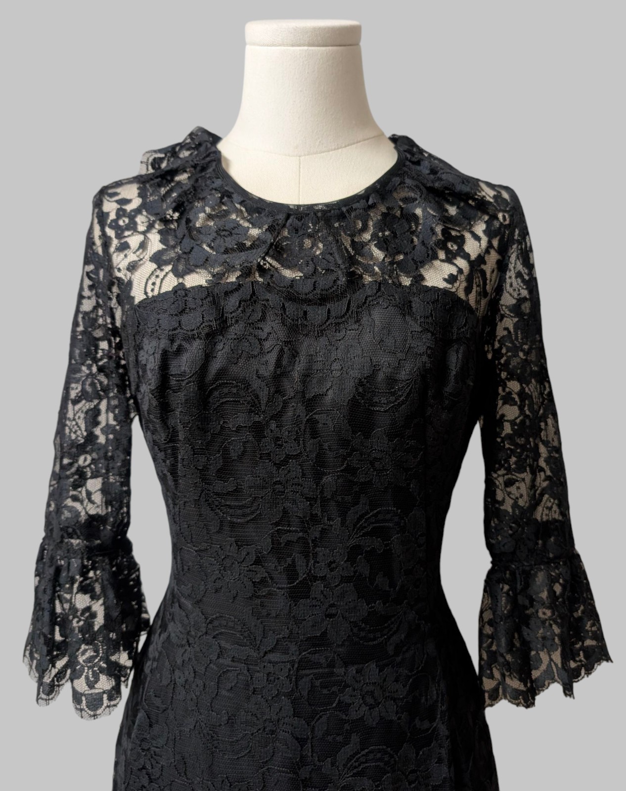Joseph Magnin Vintage 60’s Black Lace Cocktail Illusion Dress Bell Cuffs LBD S