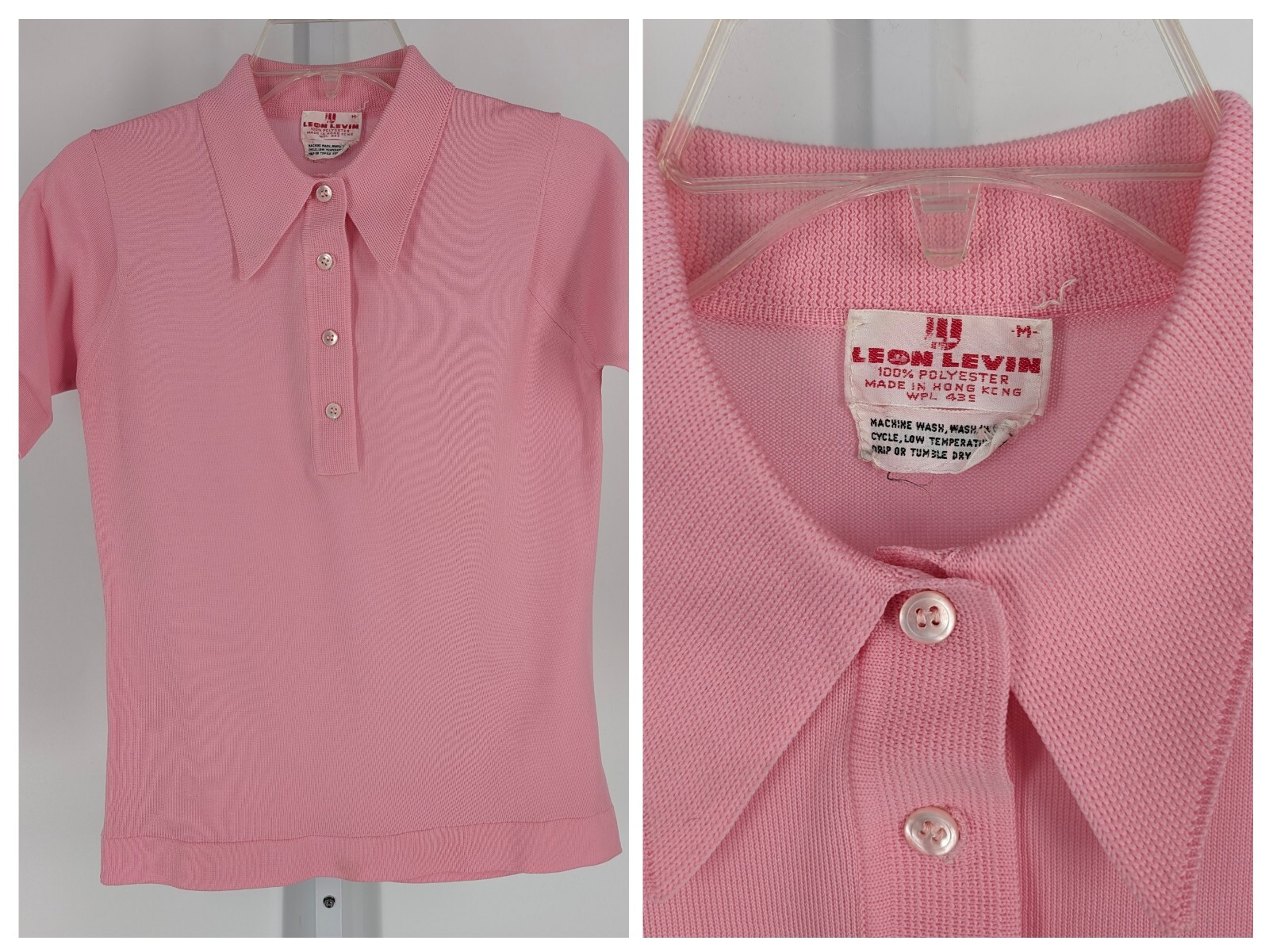 Vintage 70s Mod Rockabilly Pink Italian Knit Polo Shirt Leon Levin M