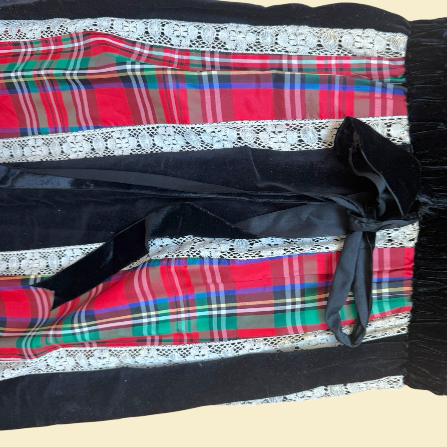 Vintage Tartan Red & Black Velvet Maxi Dress Empire Waist Mr. Hank 60s