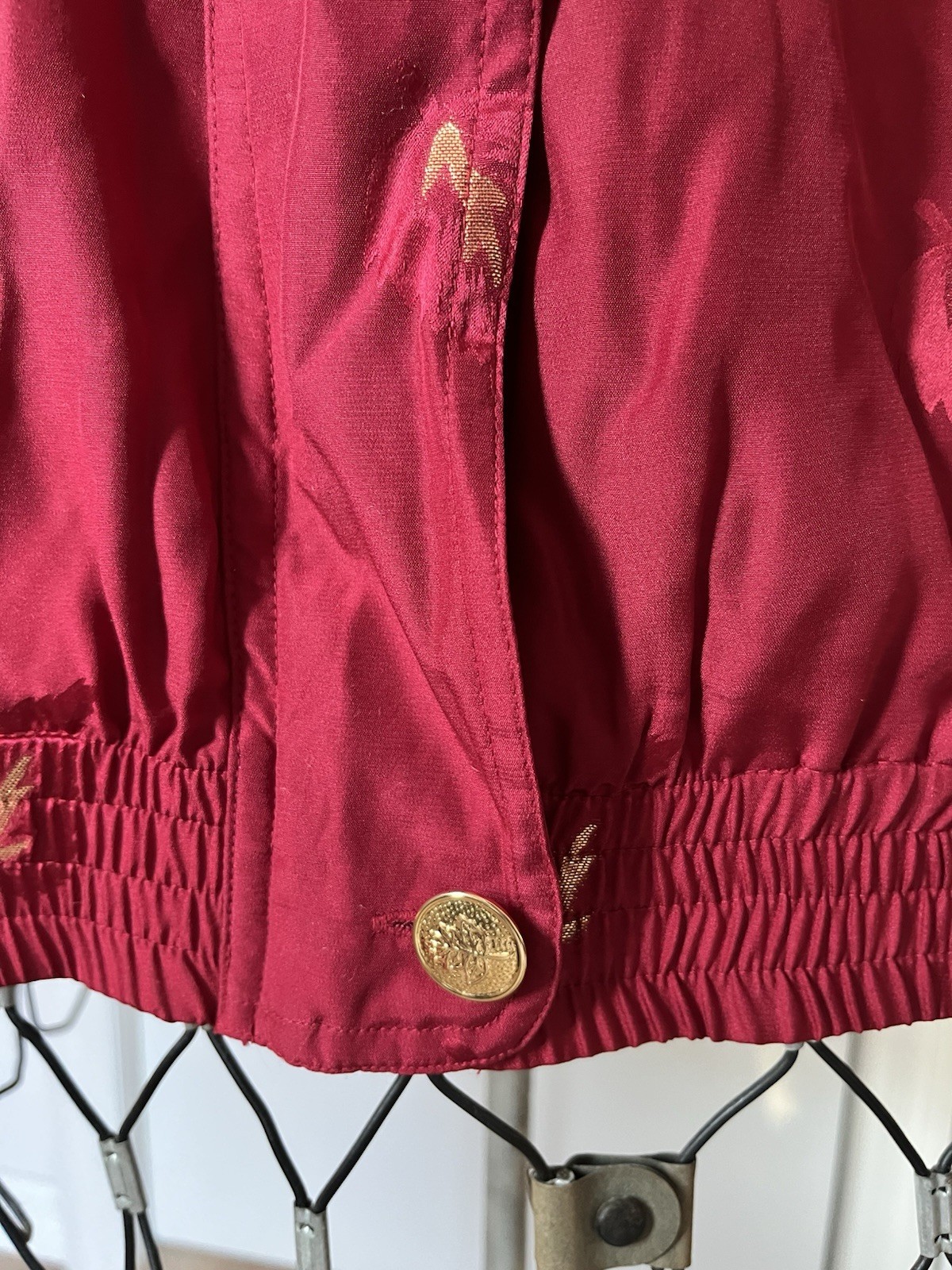Vintage Silk Bomber Jacket Women M Red Gold Leaf Print Lightweight 90s Retro Zip
