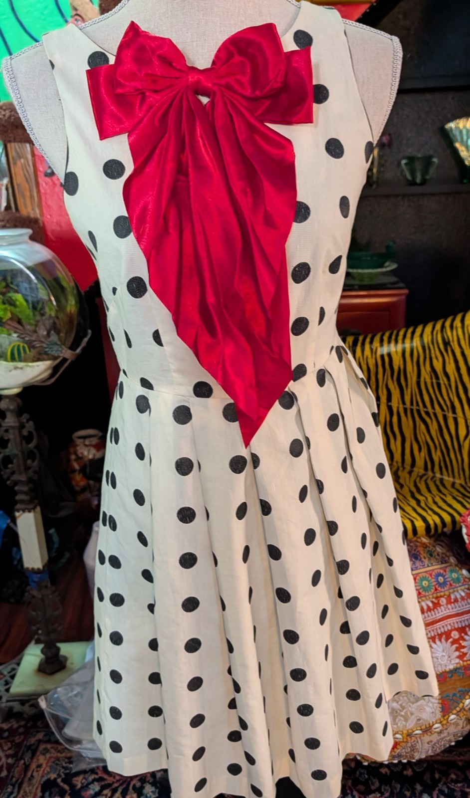 Anthropologie Eva Franco Dress Sz 2 Polka Dot VTG Lined A Line Pleats Red Bow