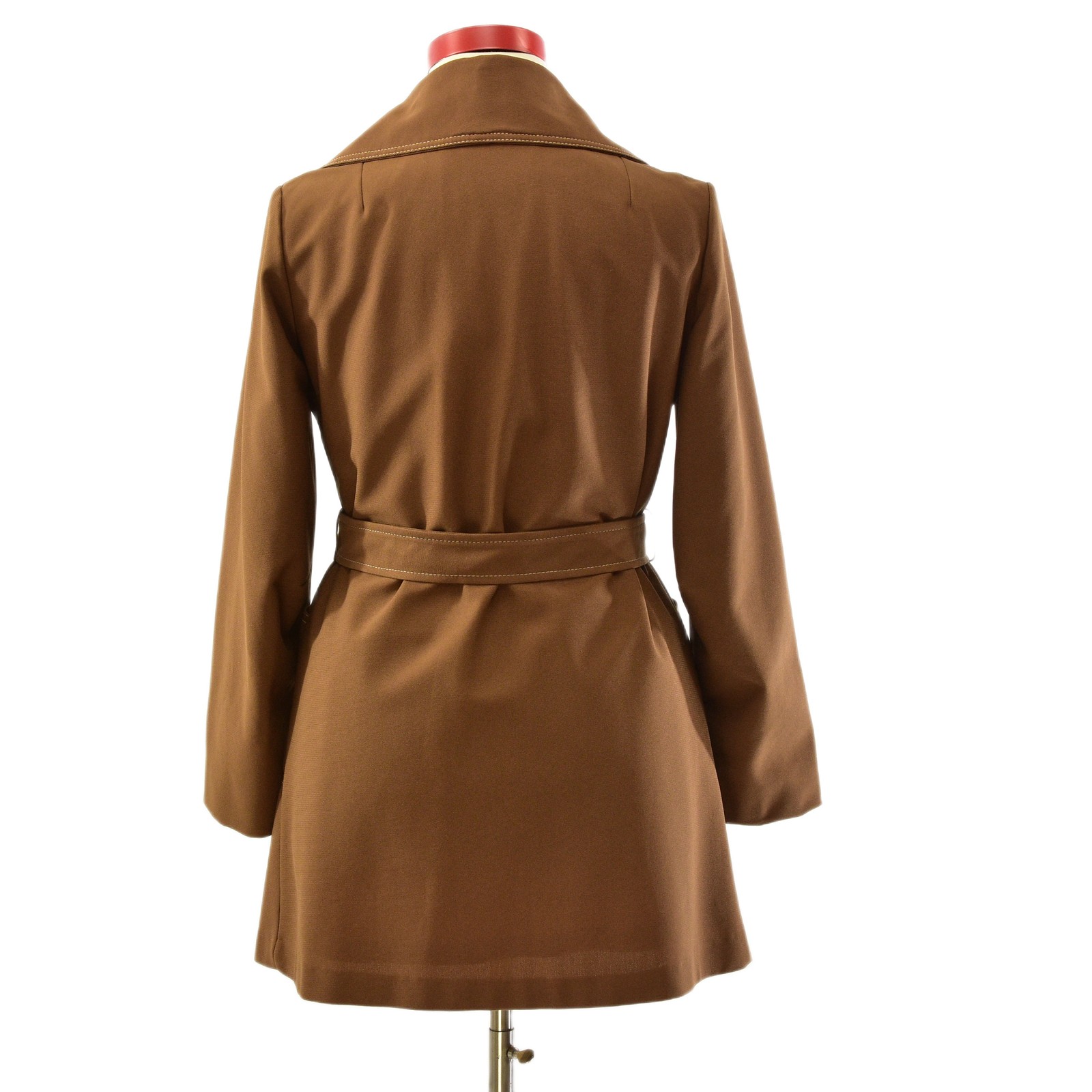 60s Brown Double Breasted Coat Ivory Top Stitching Womens L