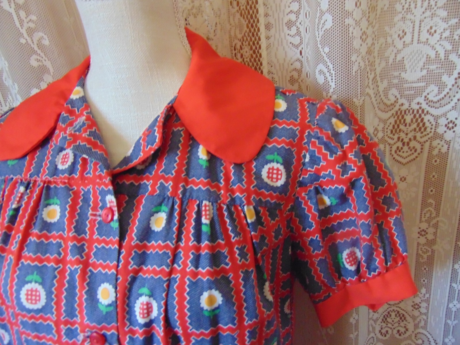 VTG 70s Boho Hippie Denim Look Cotton Smock Top S/M