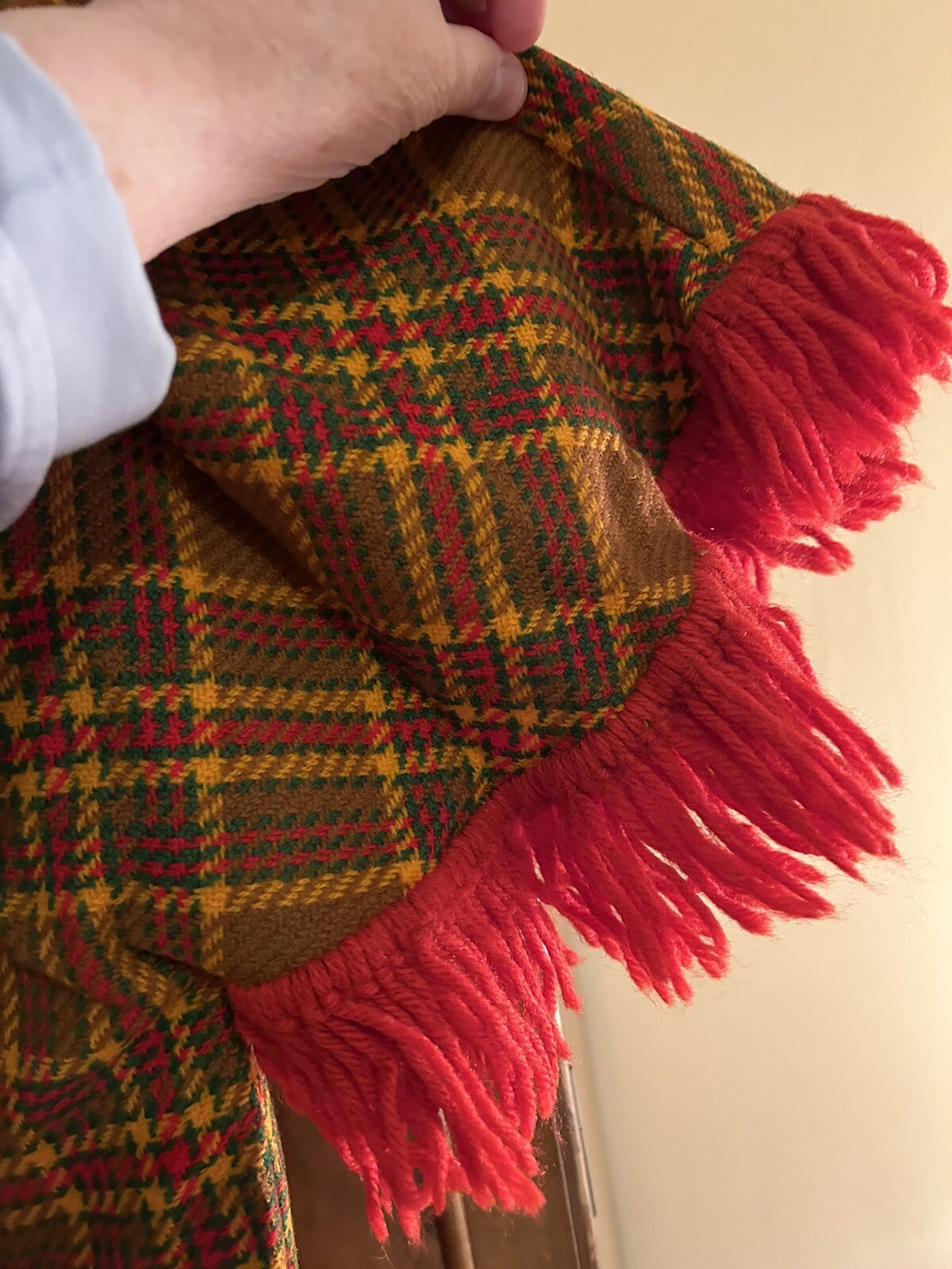 Vtg mid century plaid cape jacket fringe groovy modern boho needs repair on trim