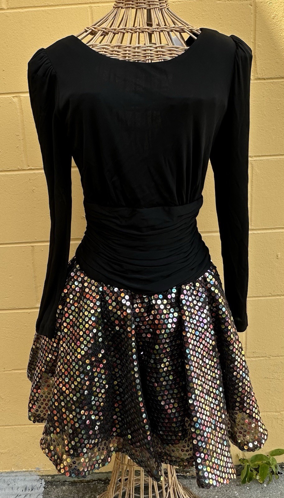 Louisa Nevins Vintage Black Dress with Rainbow Sequins Made in USA Size 6