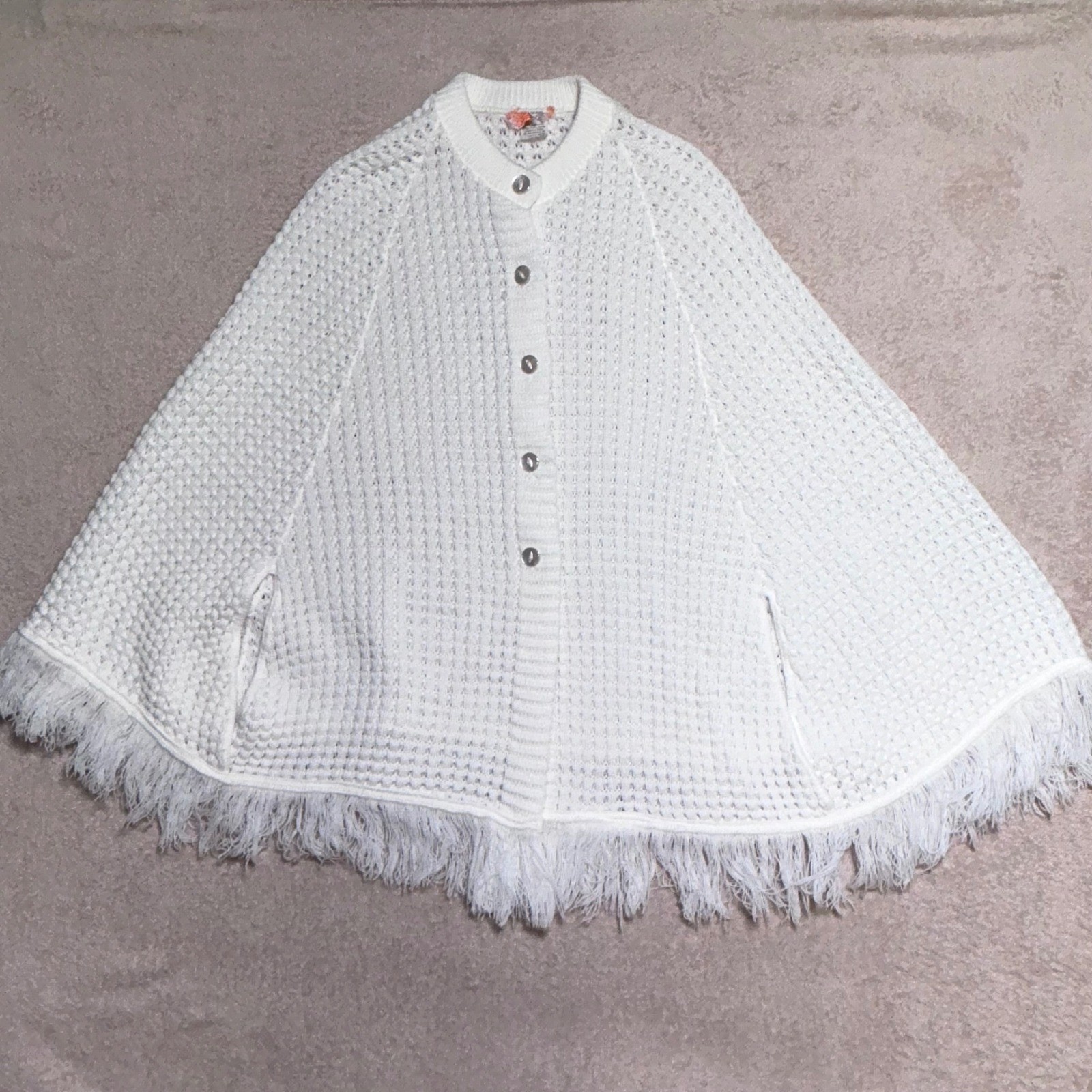 Vintage White Knit Button Front Fringe Cape Wrap Poncho with Arm Slits