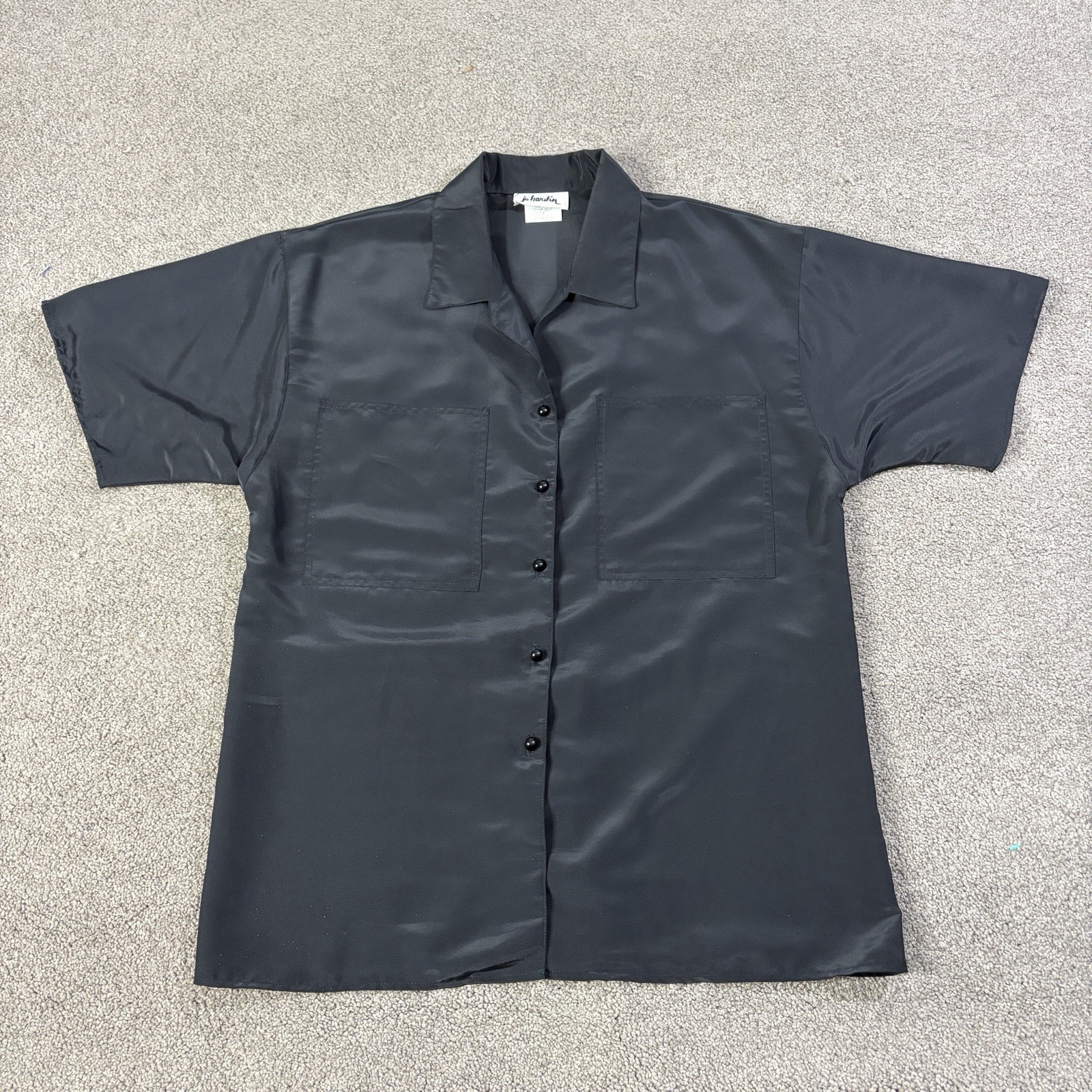 Vintage Jo Hardin Button Up Short Sleeve Blouse Black Size 10 Made in USA