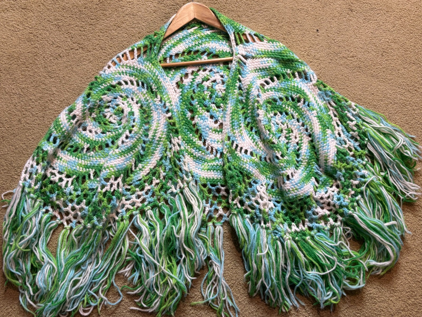 Tie Dye Knit Crochet Fringed Shawl Wrap Poncho Festival Cape Sweater Hippy Green