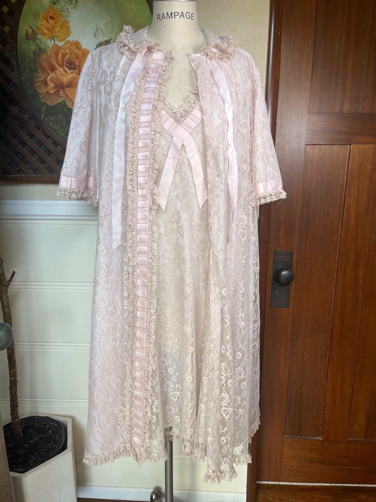 VTG Odette Barsa Floral Lace Robe & Pink Chiffon Nightgown Peignoir Coquette M/L